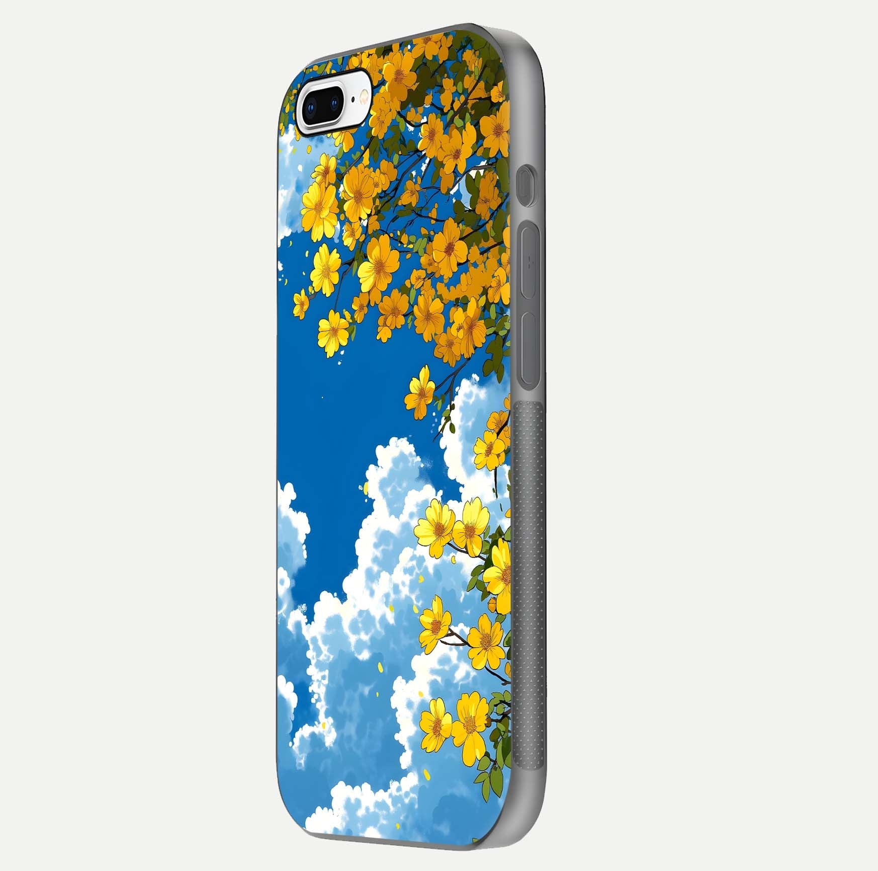 Golden Petal Sky Glass Case for iPhone 8 Plus side-angle image showing reflection depth and metallic floral tones