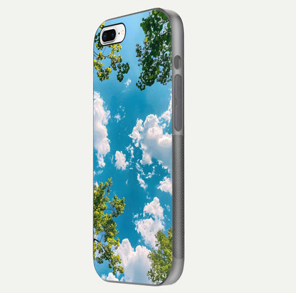 Greenery Sky Glass Case for iPhone 8 Plus side-angle image showing reflection glow and nature-themed pattern