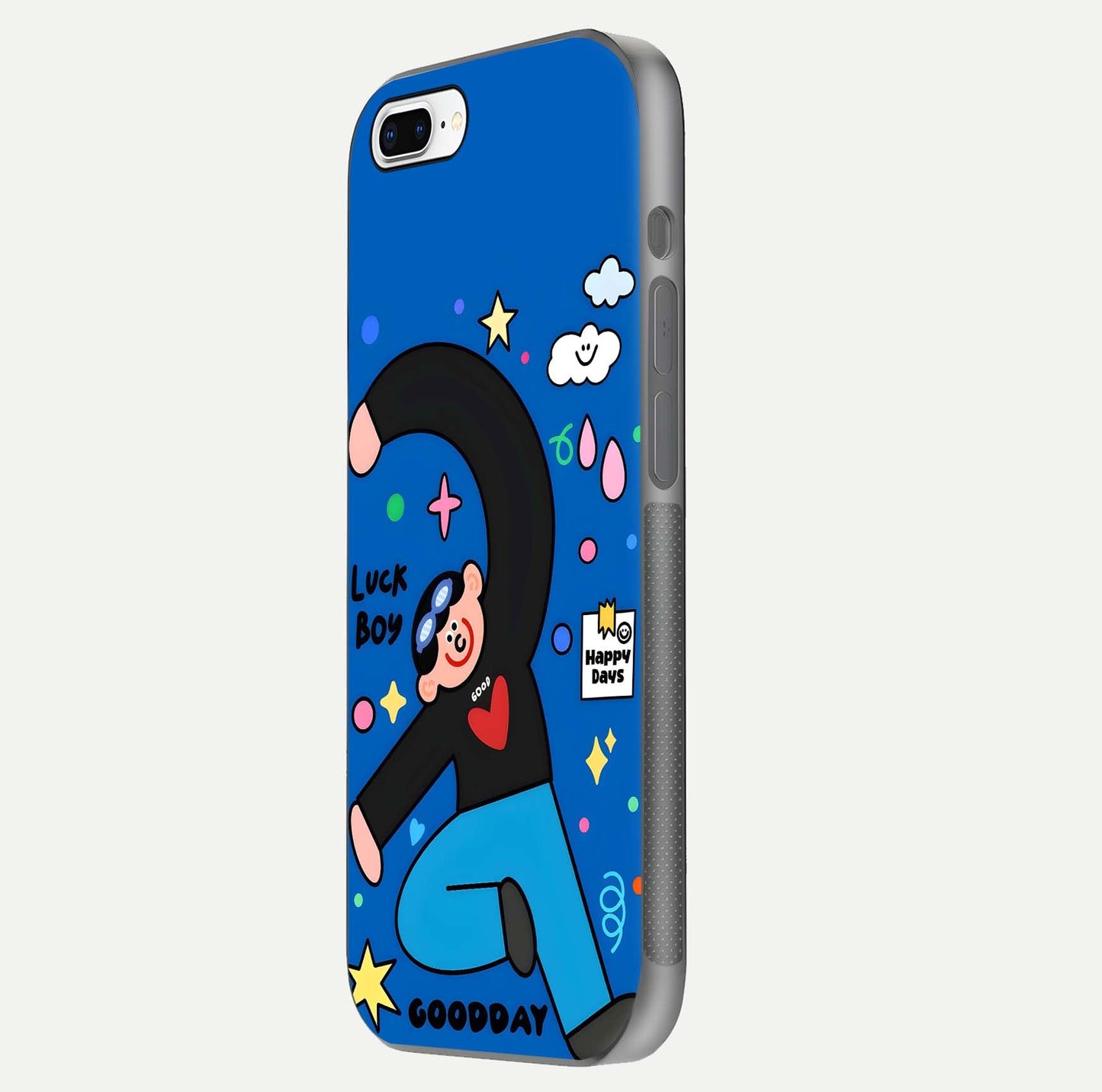 Happy Luck Vibe Glass Case for iPhone 8 Plus side-angle image showing reflection polish and vivid charm design