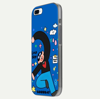 Happy Luck Vibe Glass Case for iPhone 8 Plus side-angle image showing reflection polish and vivid charm design