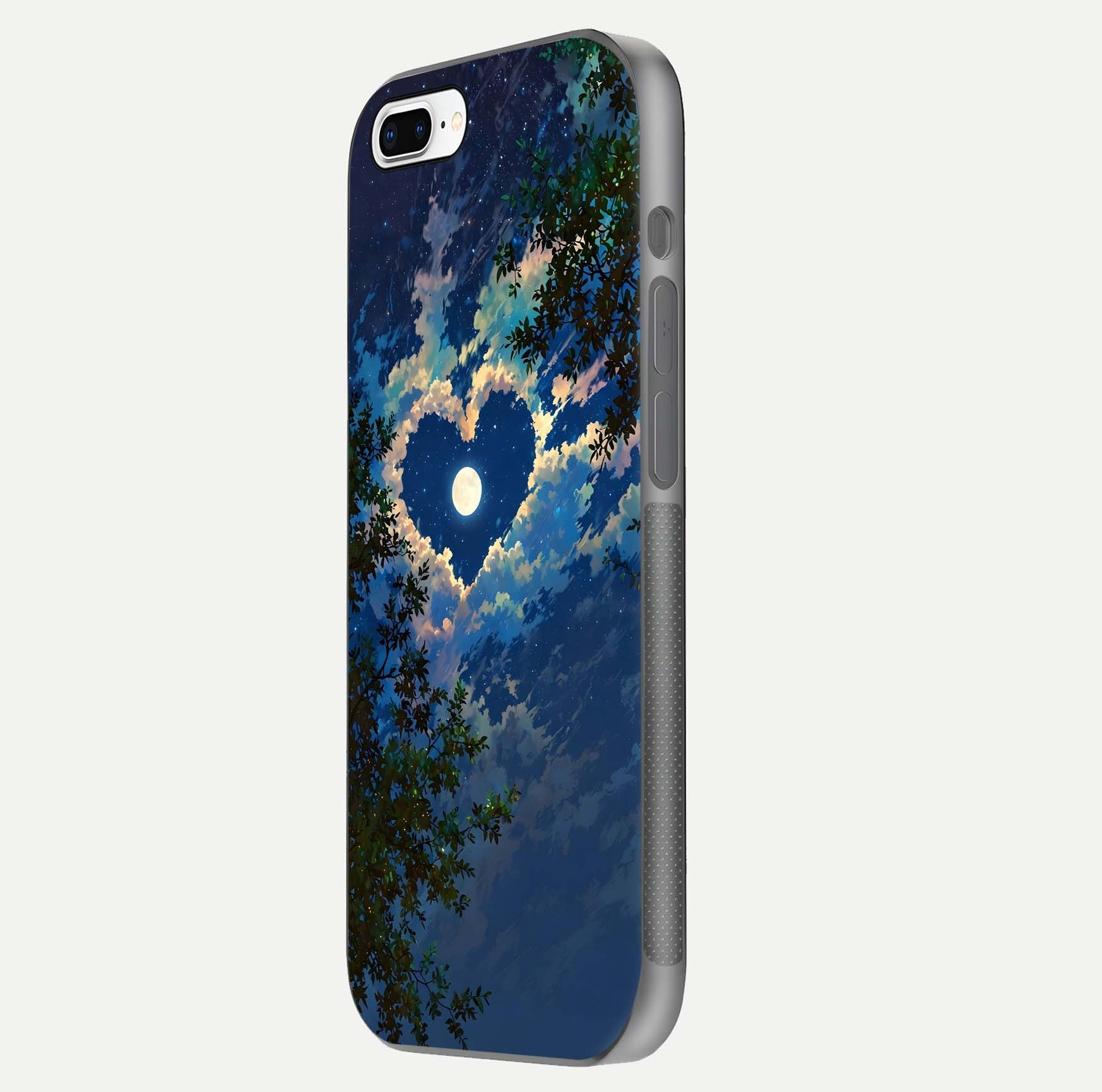 Heart with Moon Sky Glass Case for iPhone 8 Plus side-angle image showing reflection brightness and soft tone finish