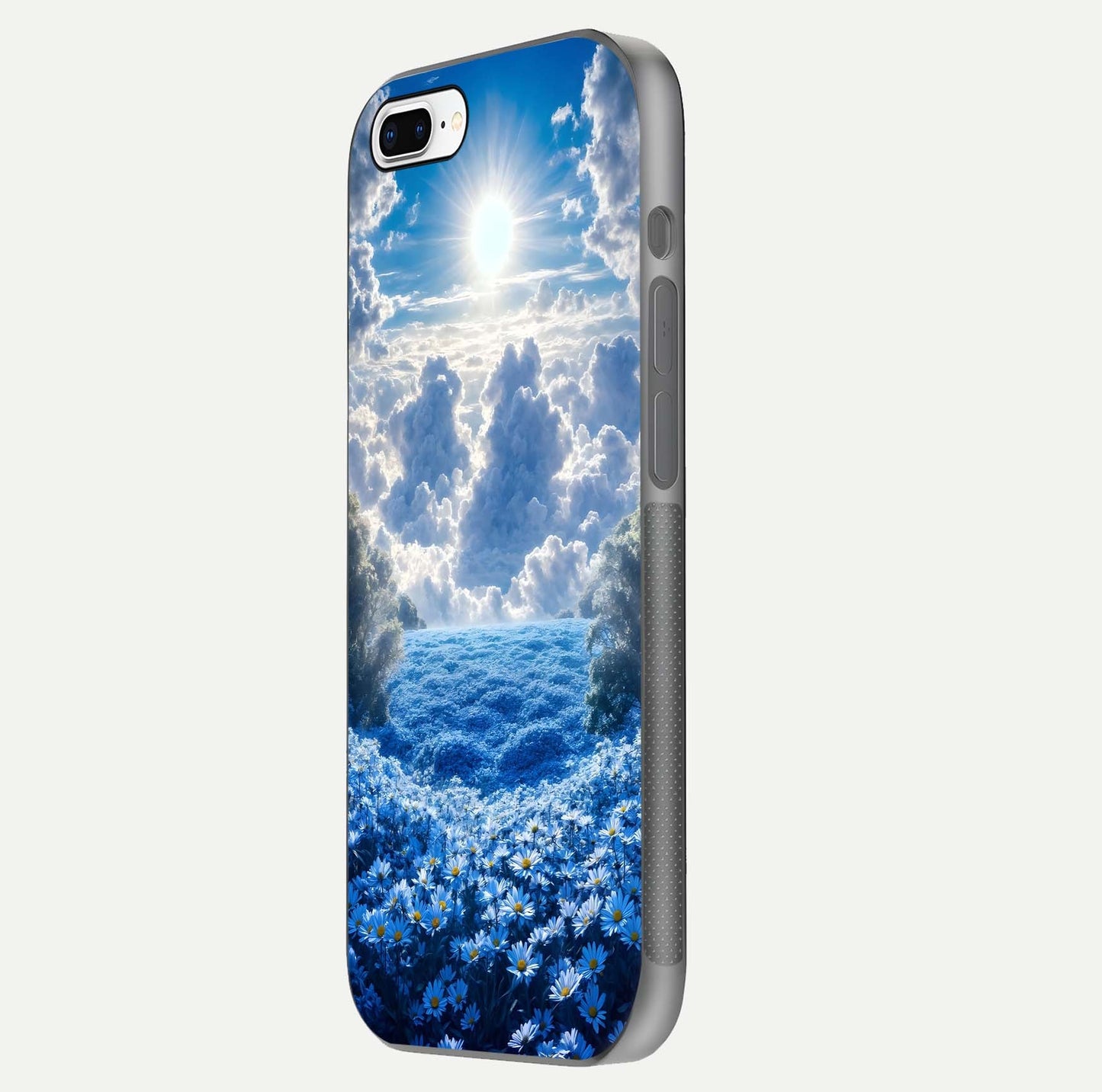 Heavenly Daisy Horizon Glass Case for iPhone 8 Plus side-angle image showing reflection depth and floral glow