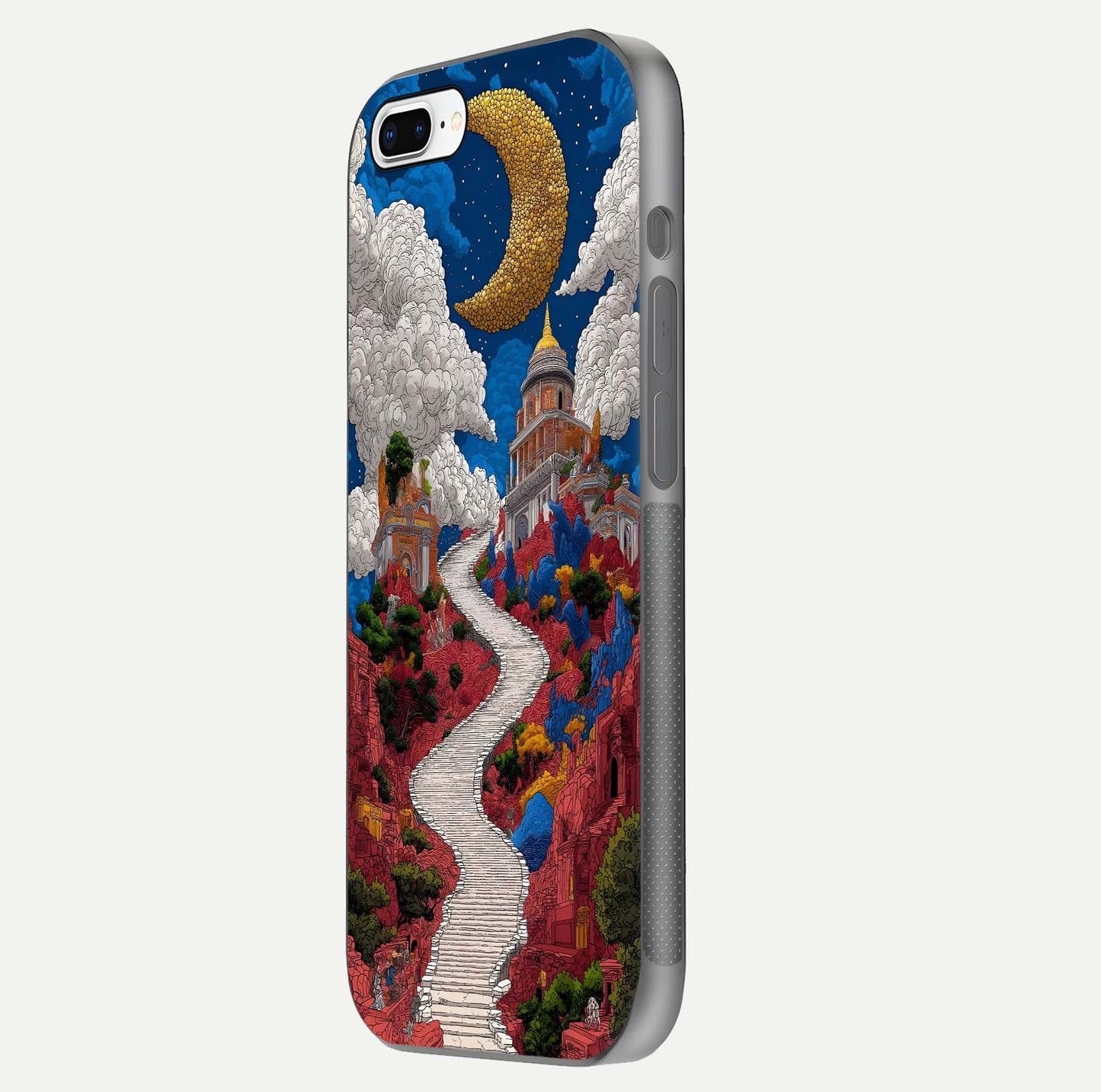 Heavenly Moon Path Glass Case for iPhone 8 Plus side-angle image showing reflection clarity and serene moon glow