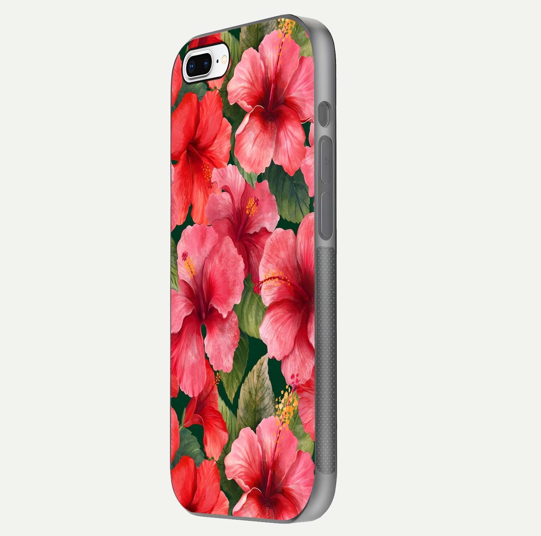 Hibiscus Pattern Glass Case for iPhone 8 Plus side-angle image showing reflection brightness and floral detailing