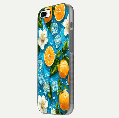 Ice Cube With Orange Glass Case for iPhone 8 Plus side-angle image showing reflection brightness and juicy pattern detail