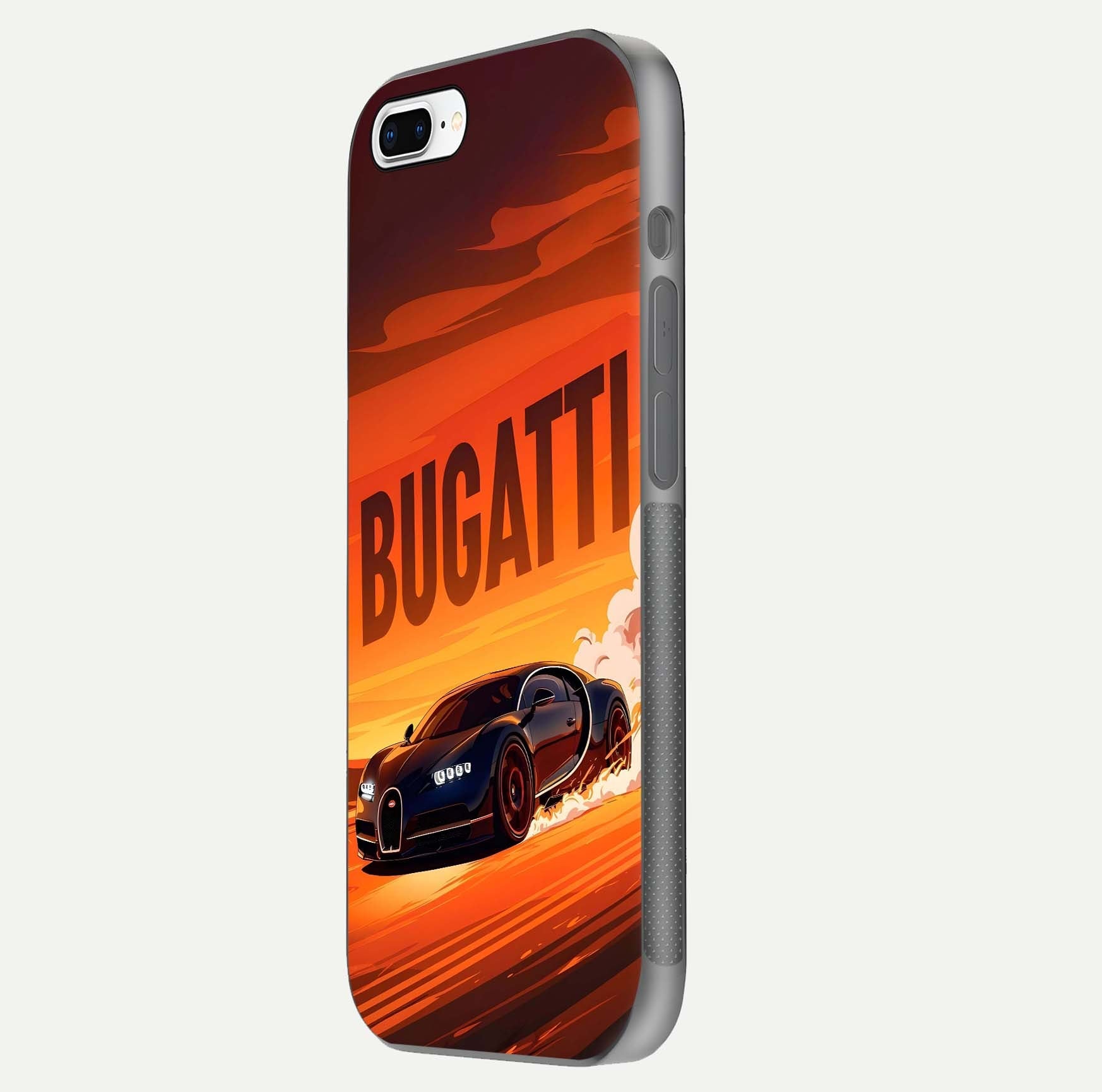 Inferno Bugatti Storm Glass Case for iPhone 8 Plus side-angle image showing reflection glow and vibrant red tones