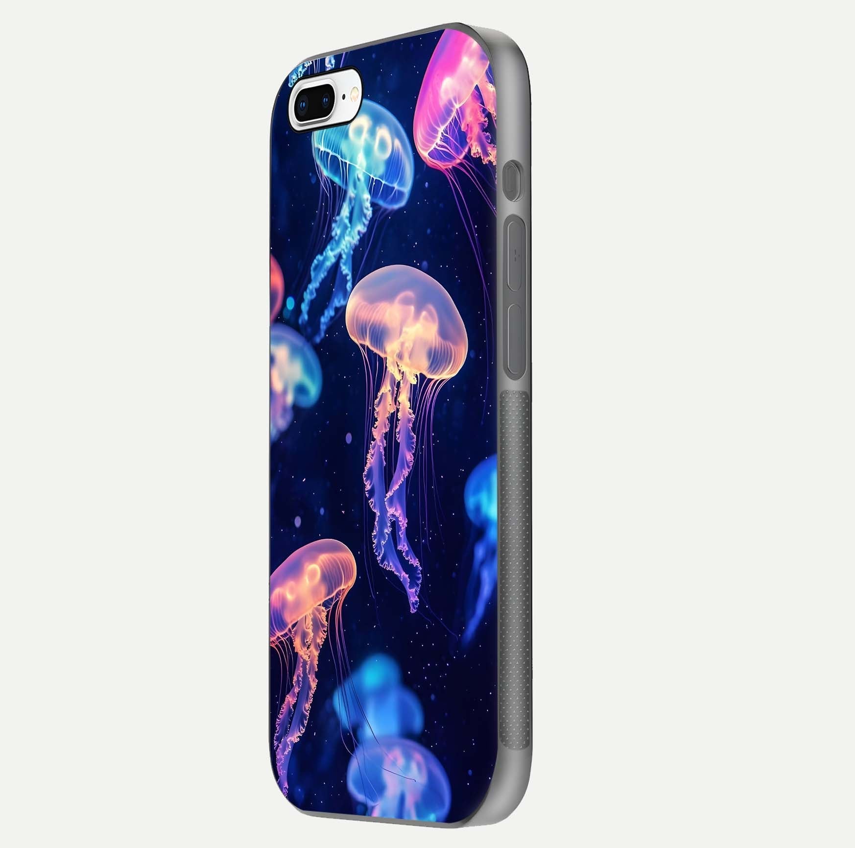 Jellyfish Pattern Glass Case for iPhone 8 Plus side-angle image showing reflection glow and soft water-blue gradient