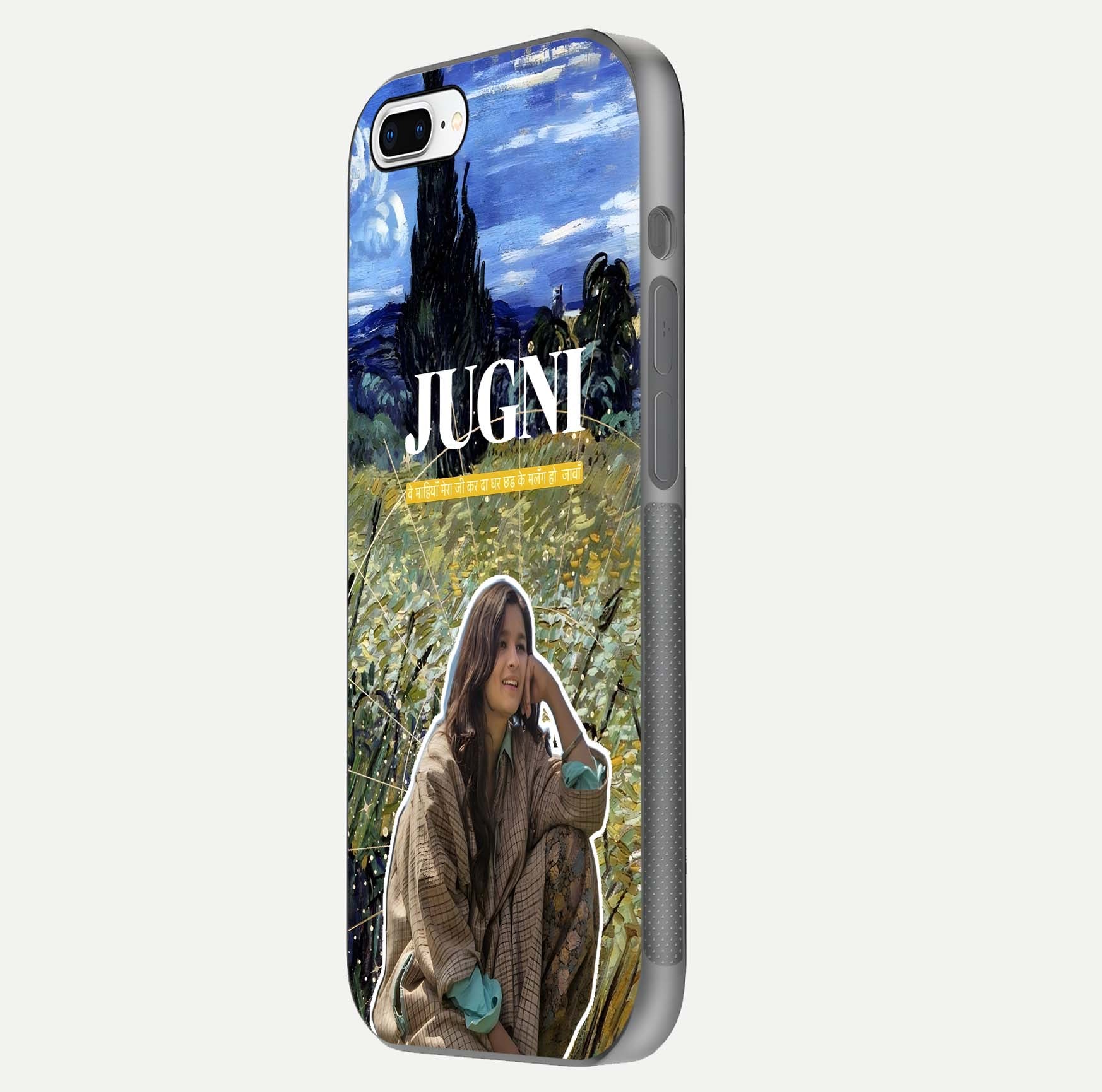 Jugni Soul Vibes Glass Case for iPhone 8 Plus side-angle image with stylish typography and HD finish