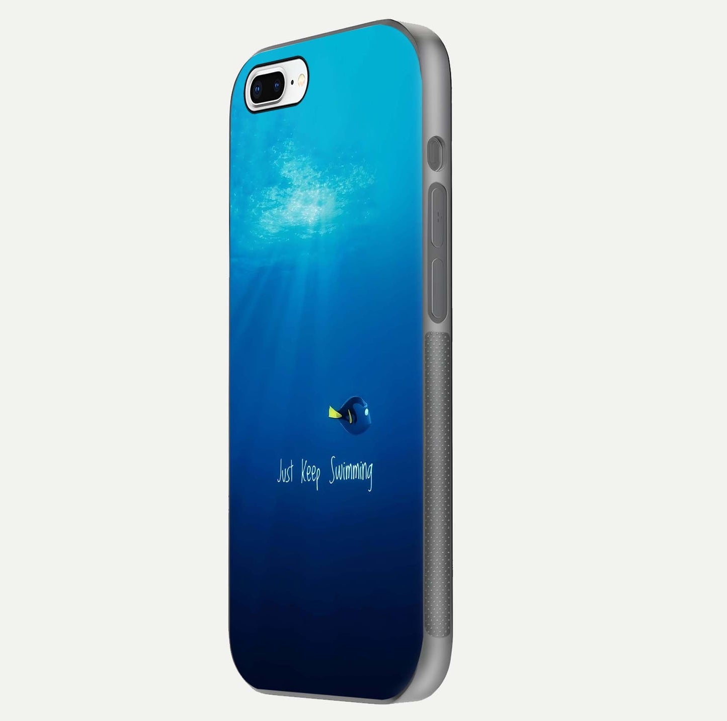 Just Keep Swimming Glass Case for iPhone 8 Plus side-angle image highlighting reflective surface and positive quote