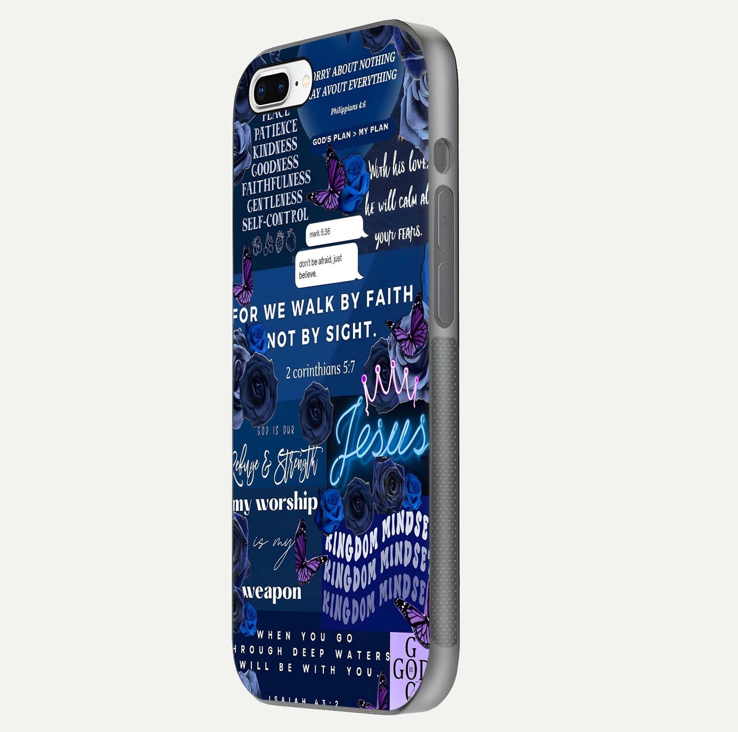 Kingdom Faith Glow Glass Case for iPhone 8 Plus side-angle image with reflective cross and faith glow