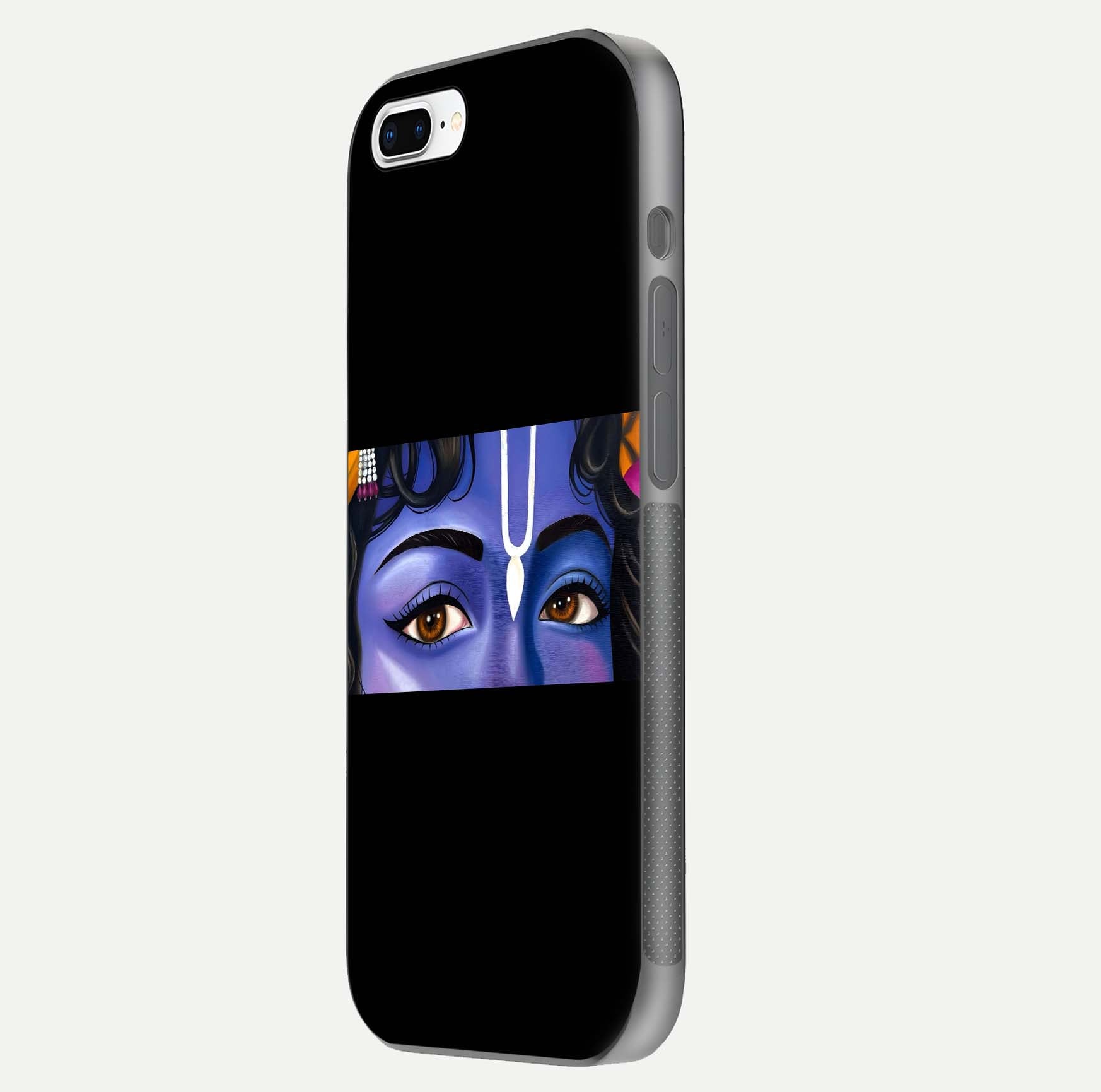 Krishna Eye Glass Case for iPhone 8 Plus side-angle image showing reflection clarity and Krishna symbol design