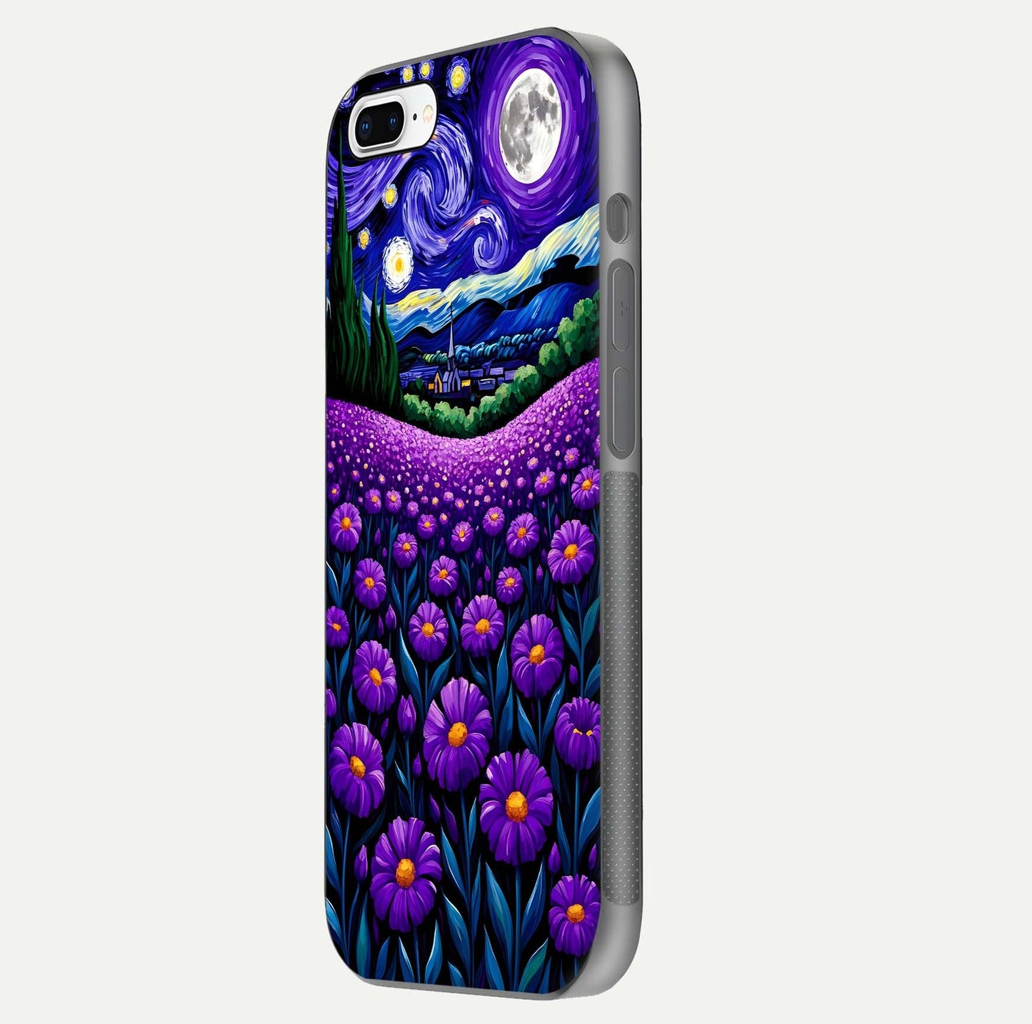 Lavender Moon Field Glass Case for iPhone 8 Plus side-angle image showing HD reflection and moonlit lavender art