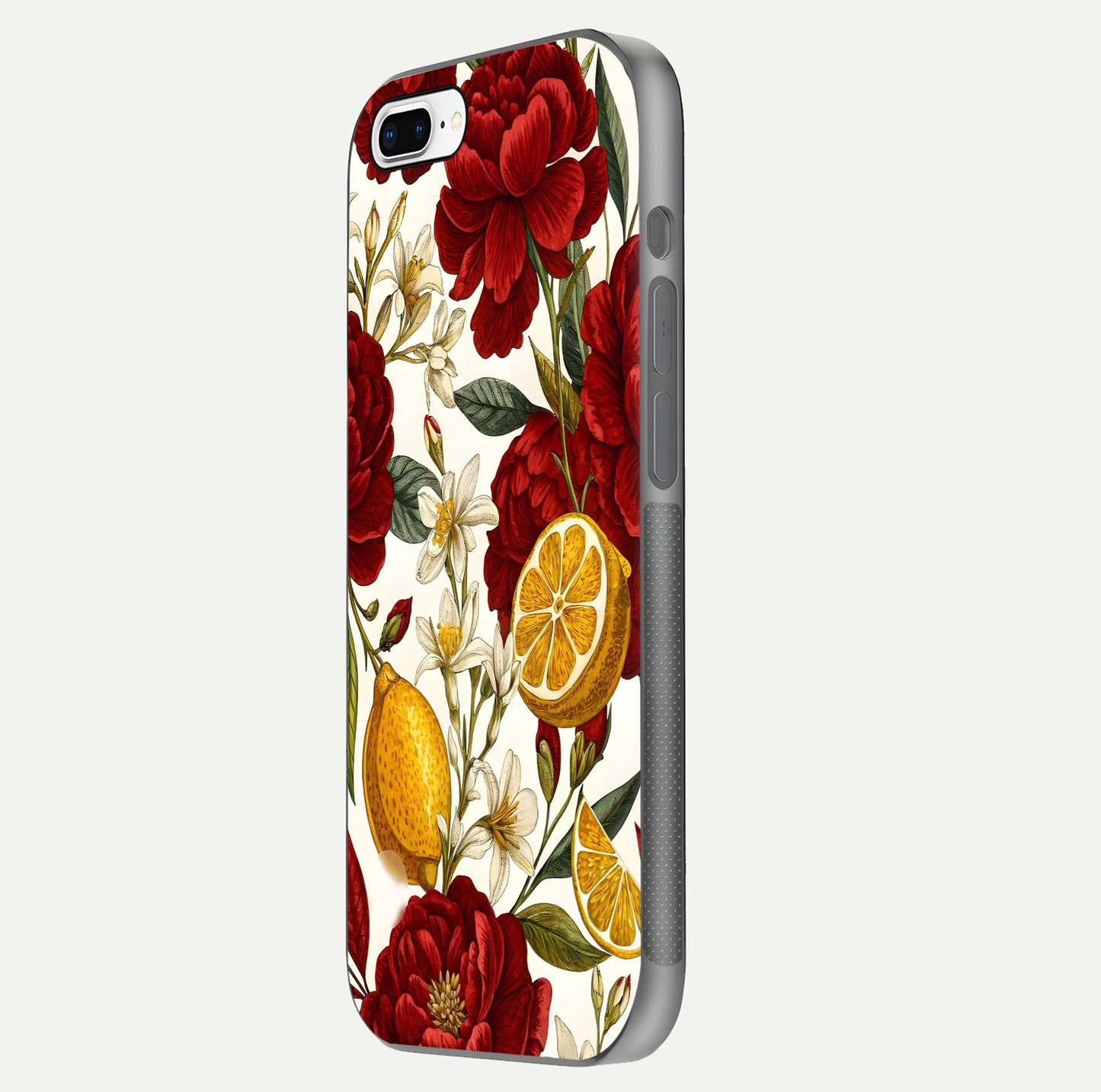 Lemon Rose Charm Glass Case for iPhone 8 Plus side-angle image revealing reflection depth and vibrant flower art
