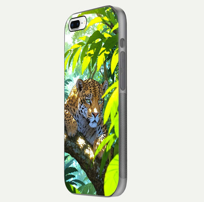 Leopard in Jungle Glass Case for iPhone 8 Plus side-angle shot emphasizing contrast and fierce design clarity