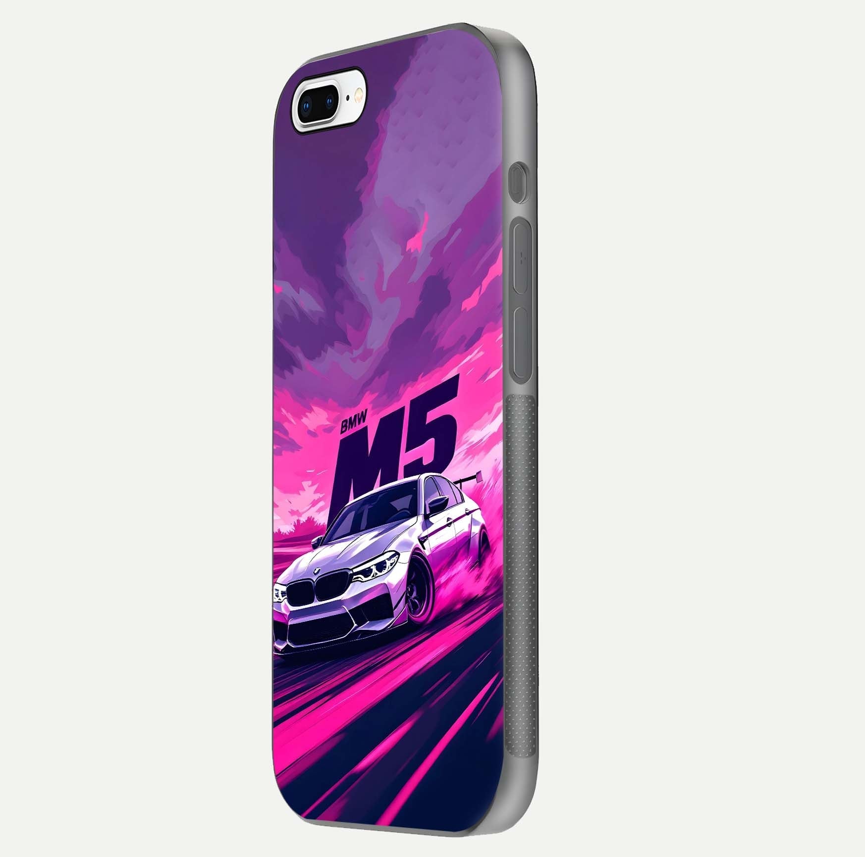 MS Neon Car Glass Case for iPhone 8 Plus side-angle image showing glow reflection and car detailing