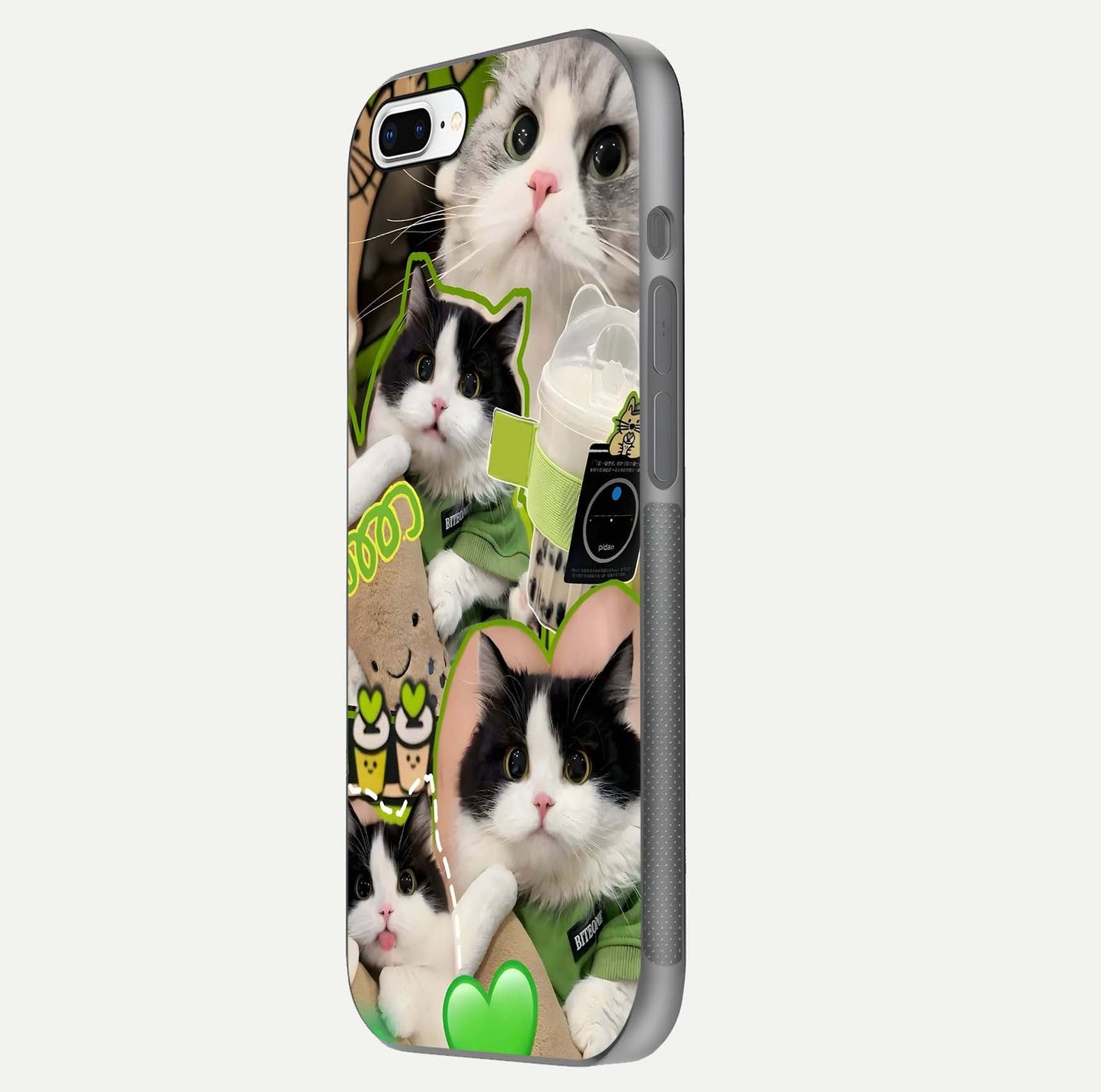 Matcha Cats Mood Glass Case for iPhone 8 Plus side-angle image showing shine clarity and cat pattern charm
