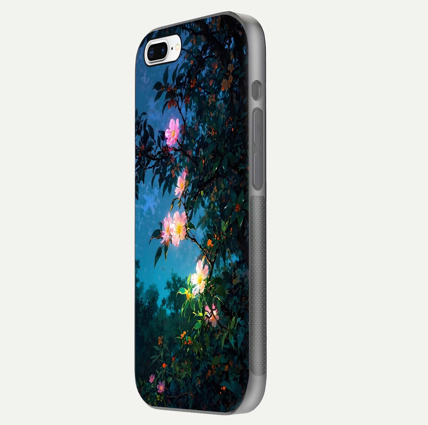 Midnight Bloom Glow Glass Case for iPhone 8 Plus side-angle image revealing reflection and deep midnight hues