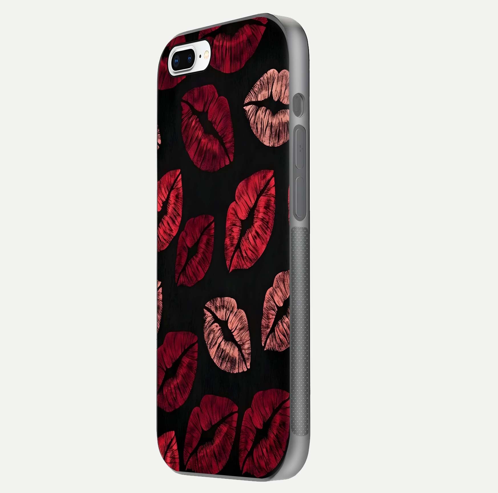 Midnight Kiss Love Glass Case for iPhone 8 Plus side-angle image revealing gloss texture and deep love motif