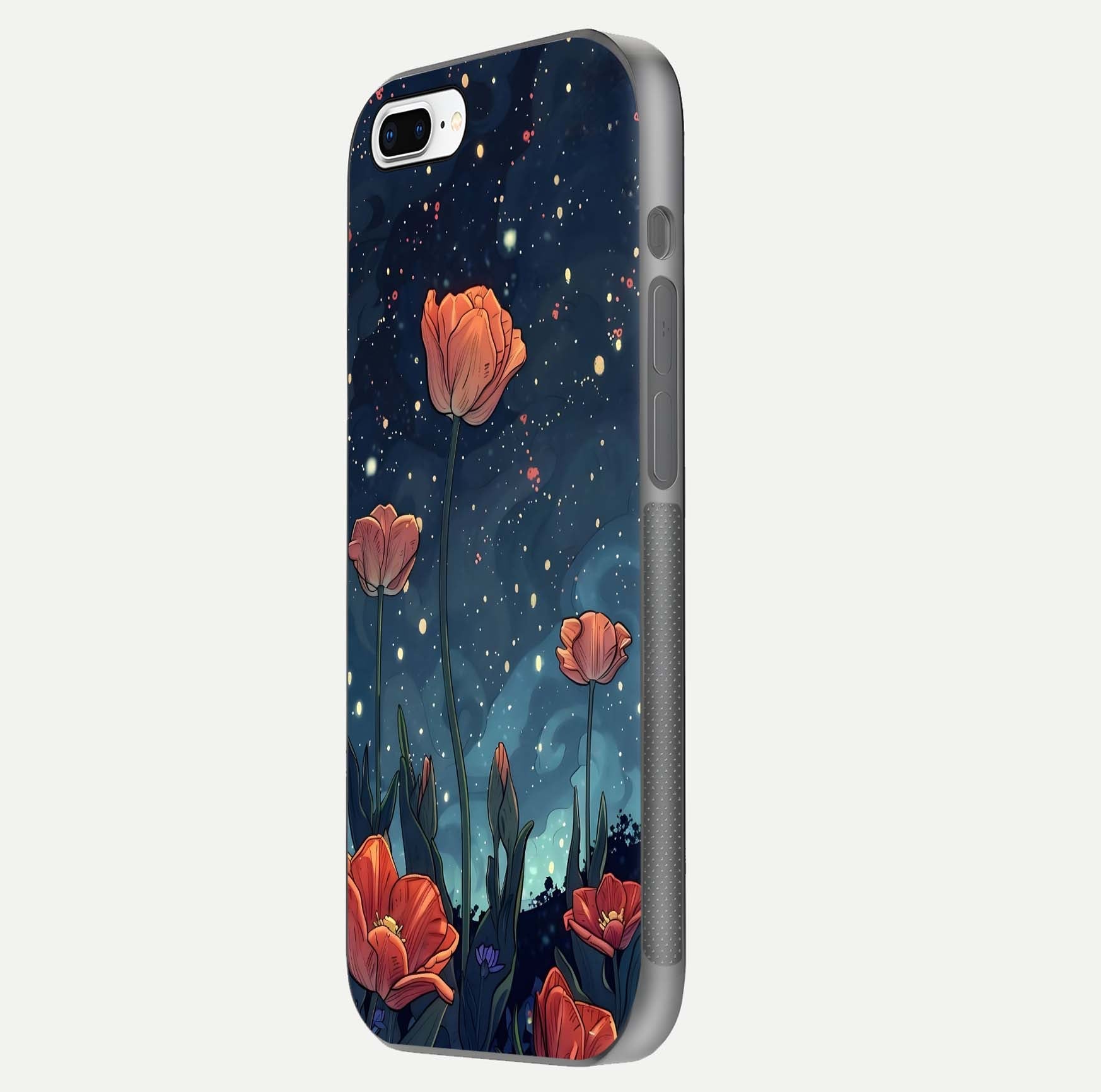 Midnight Tulip Glow Glass Case for iPhone 8 Plus side-angle image showing shine depth and flower artwork