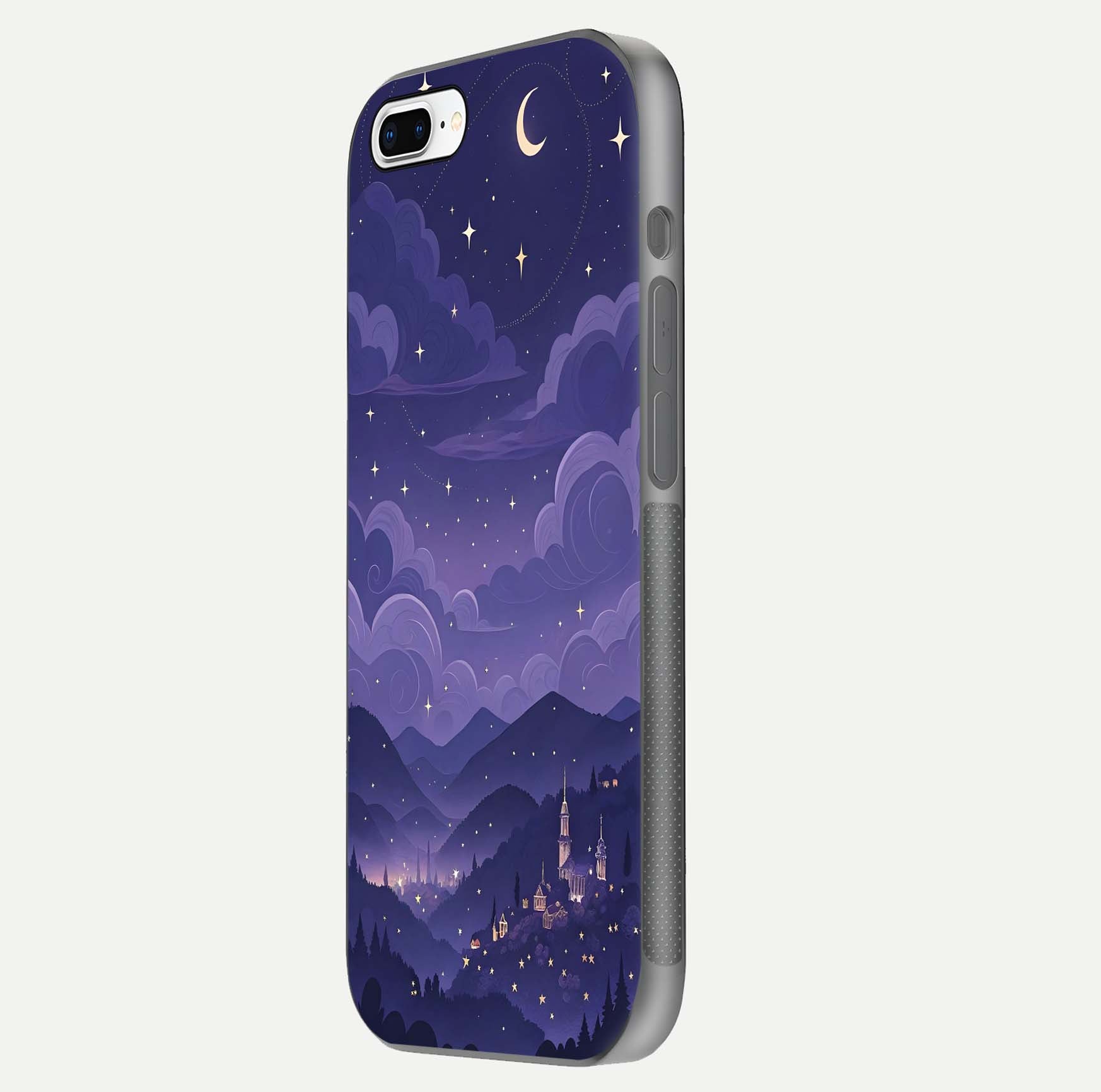 Minimal Night View Glass Case for iPhone 8 Plus side-angle image showing subtle reflection and urban design