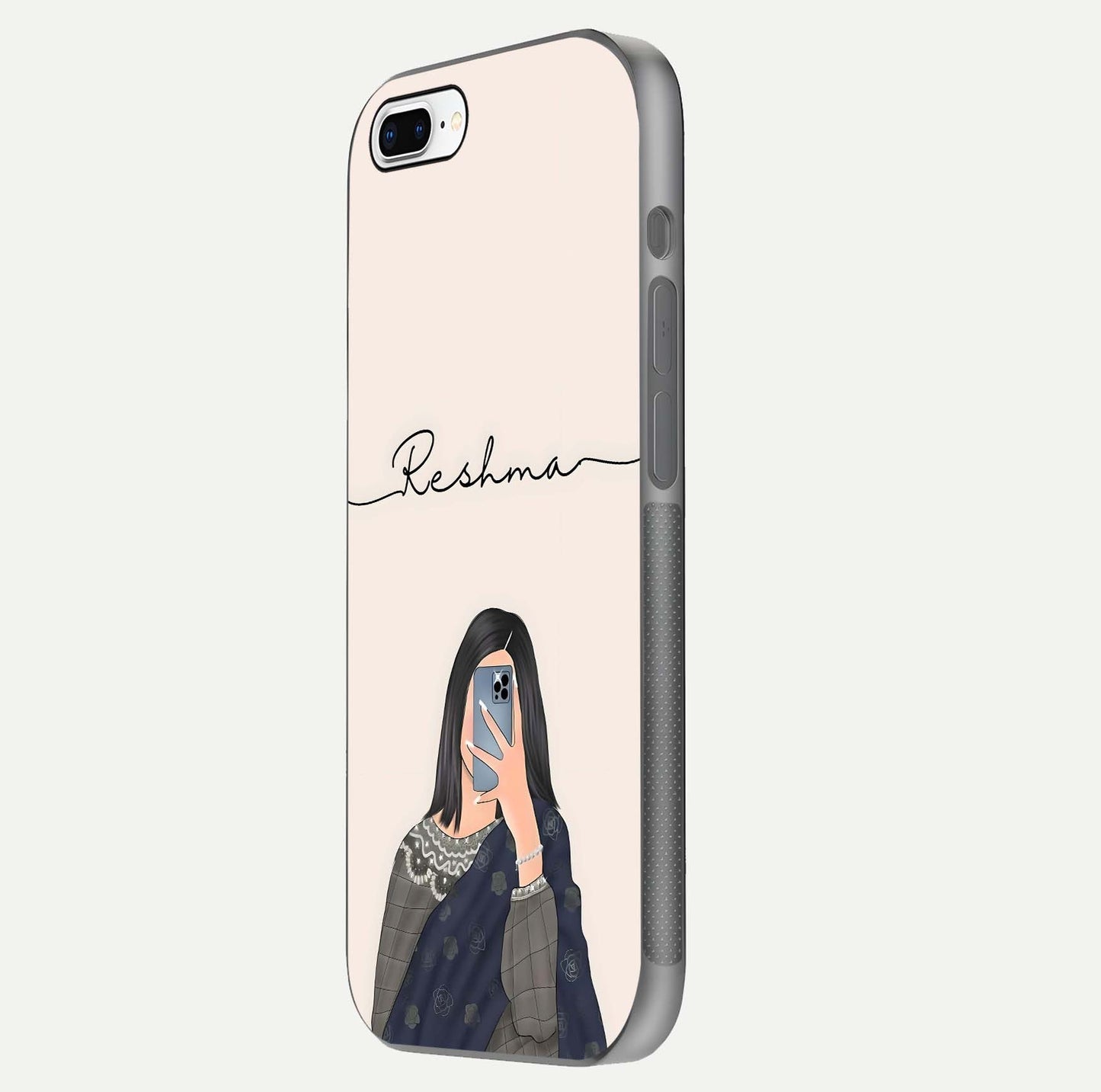 Mirror Mood Muse Custom Name Glass Case for iPhone 8 Plus side-angle image emphasizing glossy mirror texture