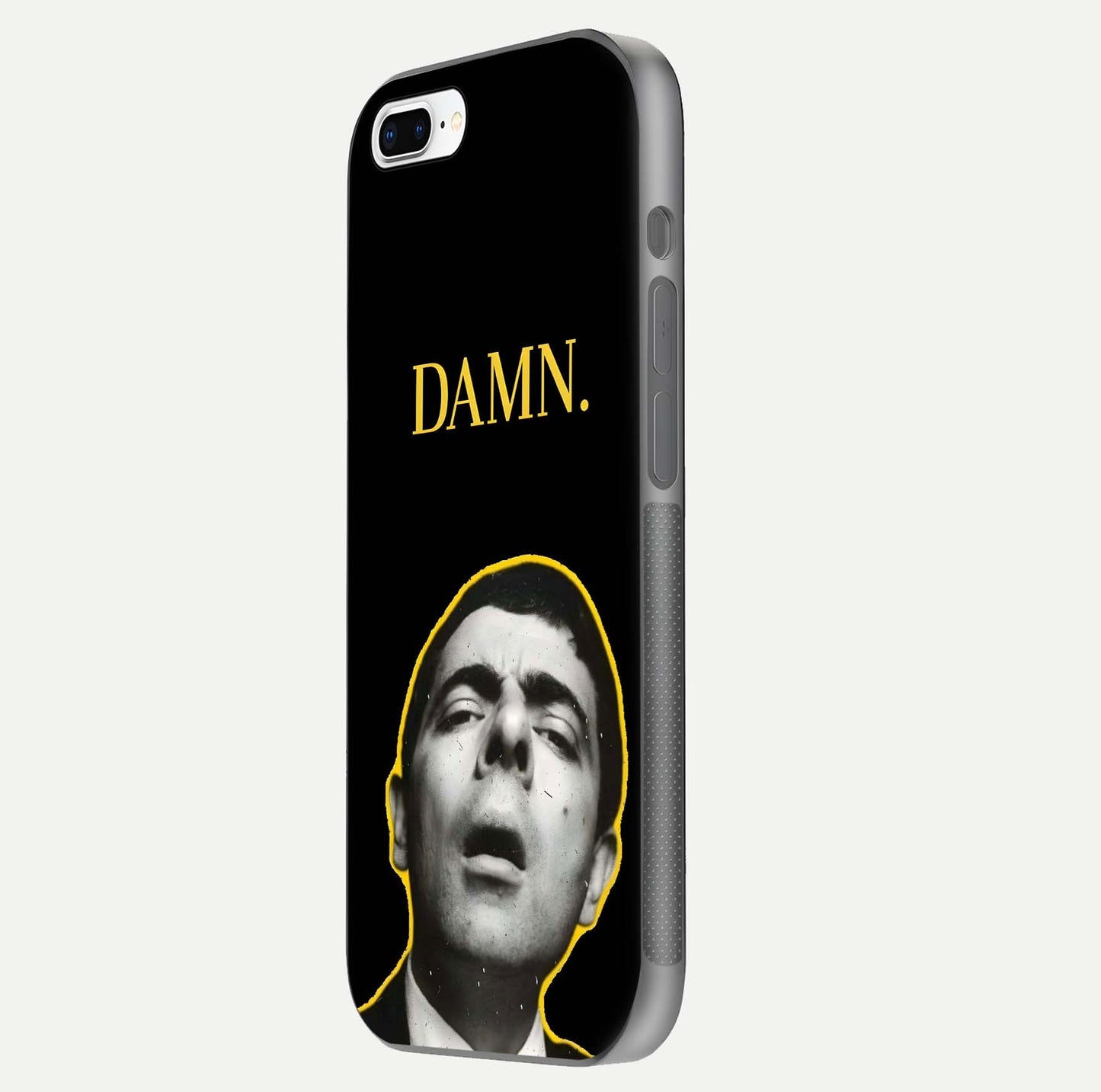 Mr Bean Damn Glass Case for iPhone 8 Plus side-angle image emphasizing HD print clarity and playful theme