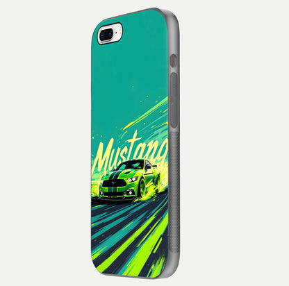 Mustang Bang Glass Case for iPhone 8 Plus side-angle image showing reflection clarity and bold car artwork