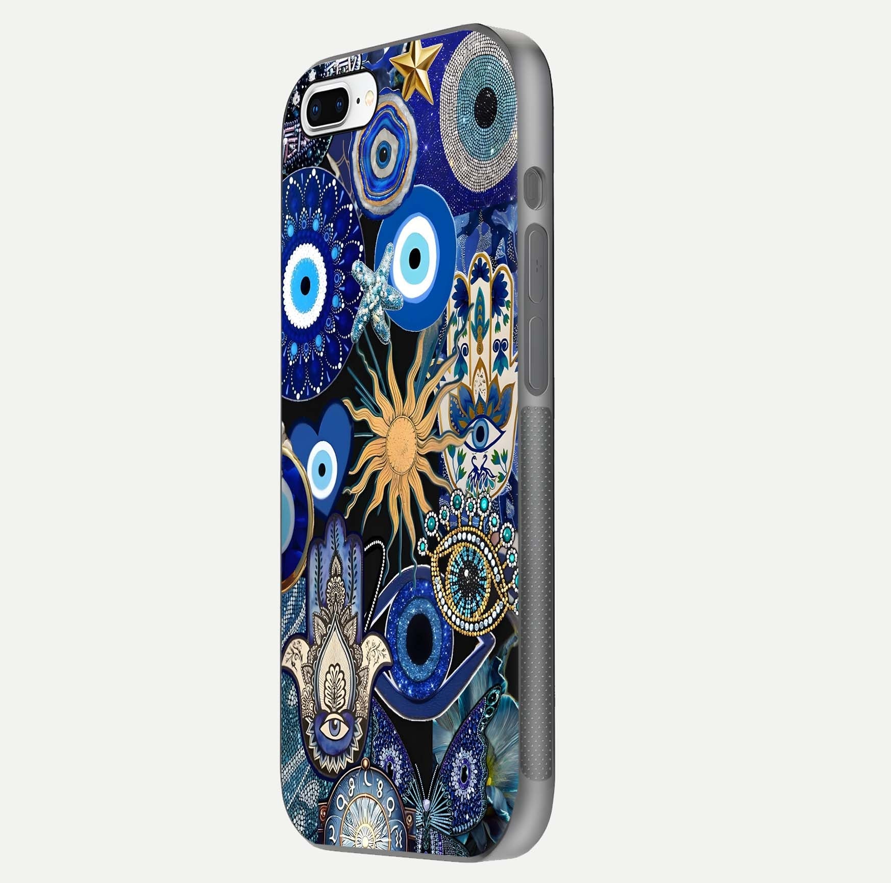 Mystic Blue Evil Eye Glass Case for iPhone 8 Plus side-angle image showing smooth gloss and charm design