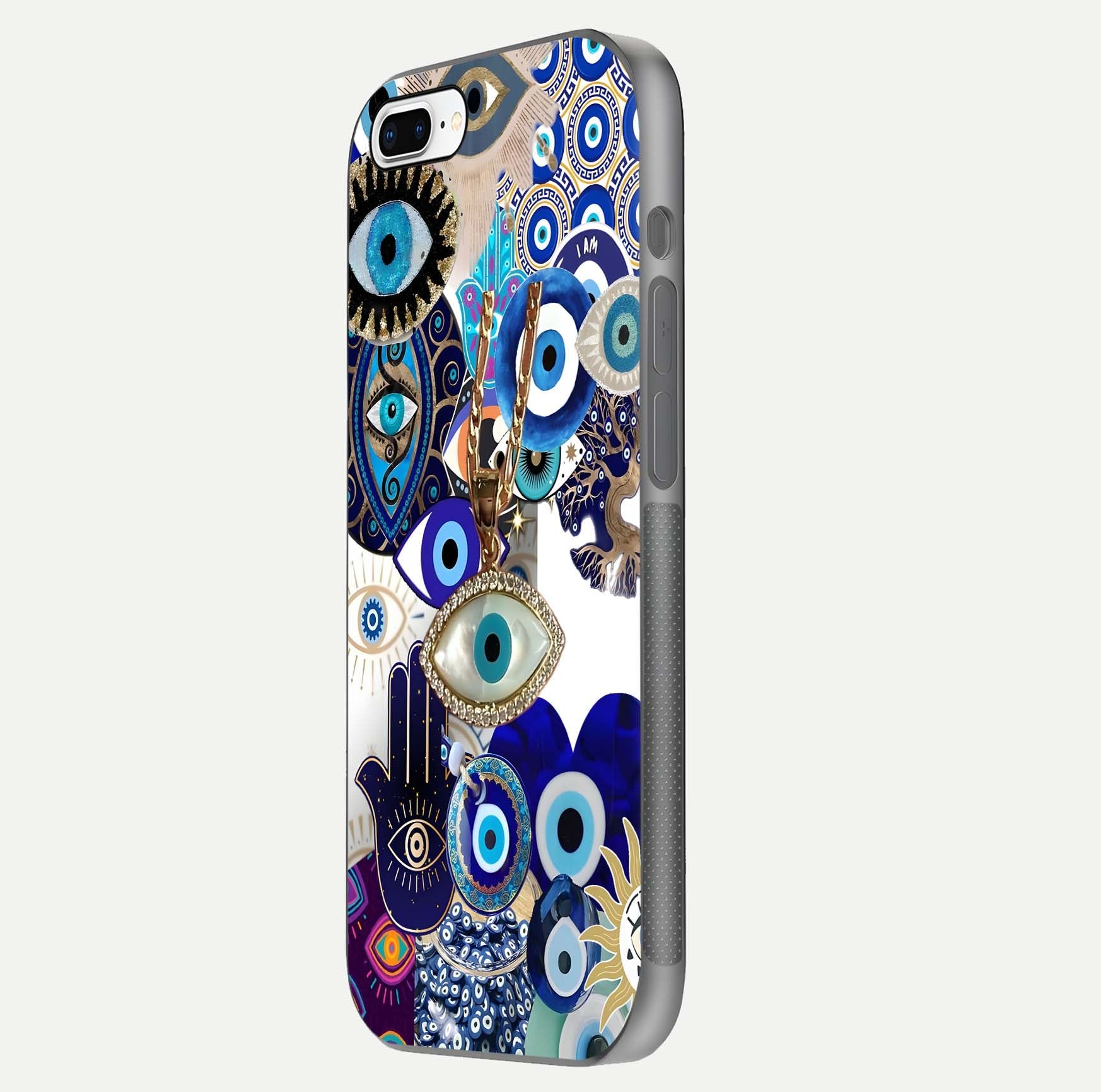Mystic Charm Eye Glass Case for iPhone 8 Plus side-angle image showing HD reflection and sacred tone