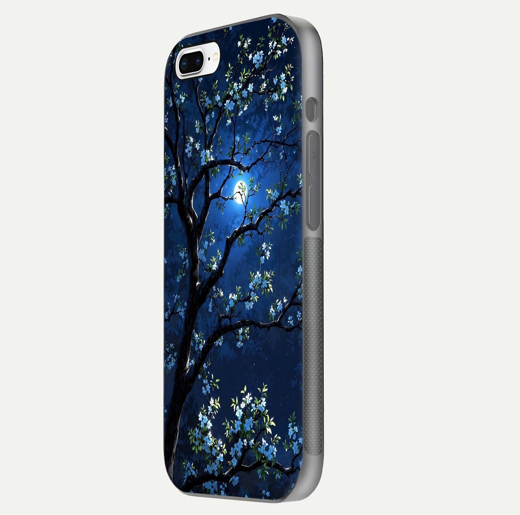Mystic Floral Night Glass Case for iPhone 8 Plus side-angle image showing gloss surface and midnight floral tones