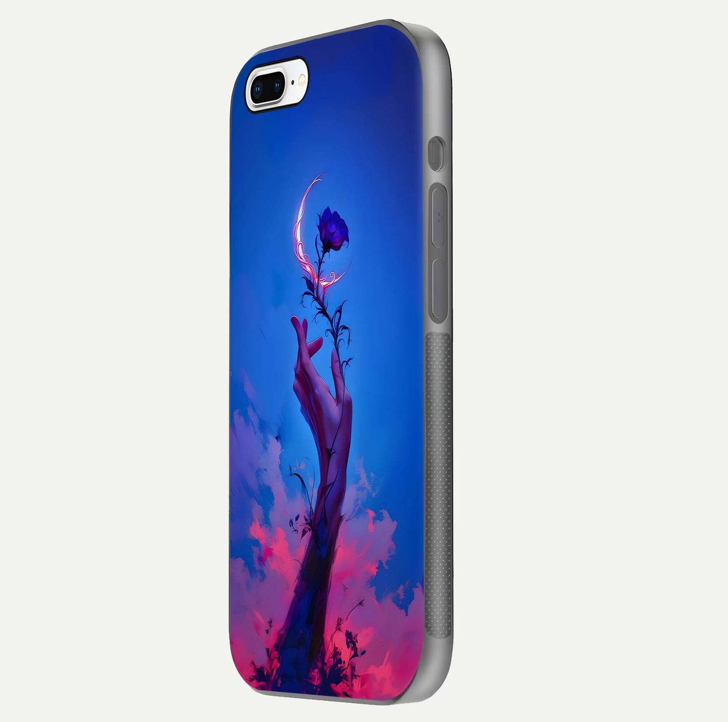 Mystic Hand Glass Case for iPhone 8 Plus side-angle image showing reflection depth and sacred aesthetic