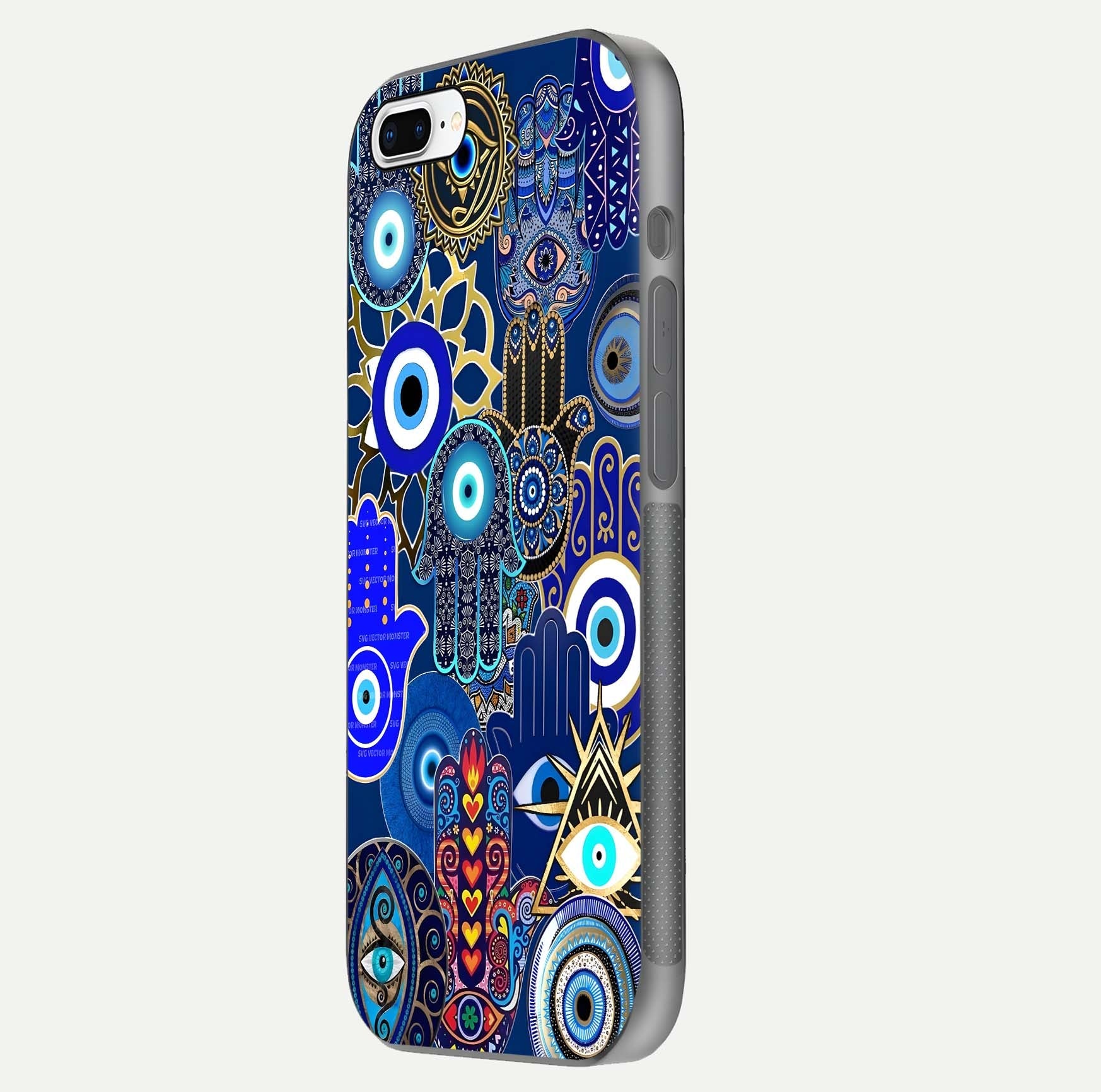 Mystic Palm Guard Glass Case for iPhone 8 Plus side-angle image showing shine depth and sacred motif