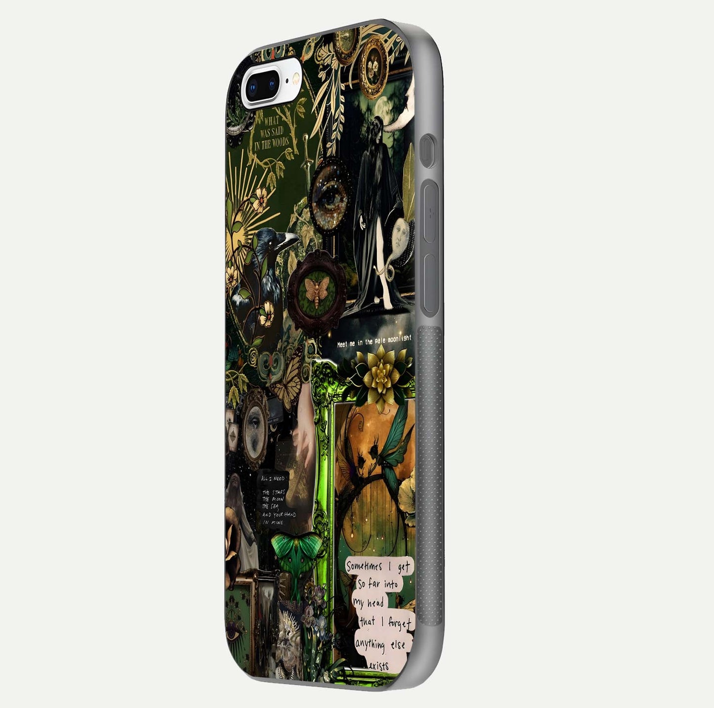 Mystic Woods Secret Glass Case for iPhone 8 Plus side-angle image showing gloss reflection and forest pattern