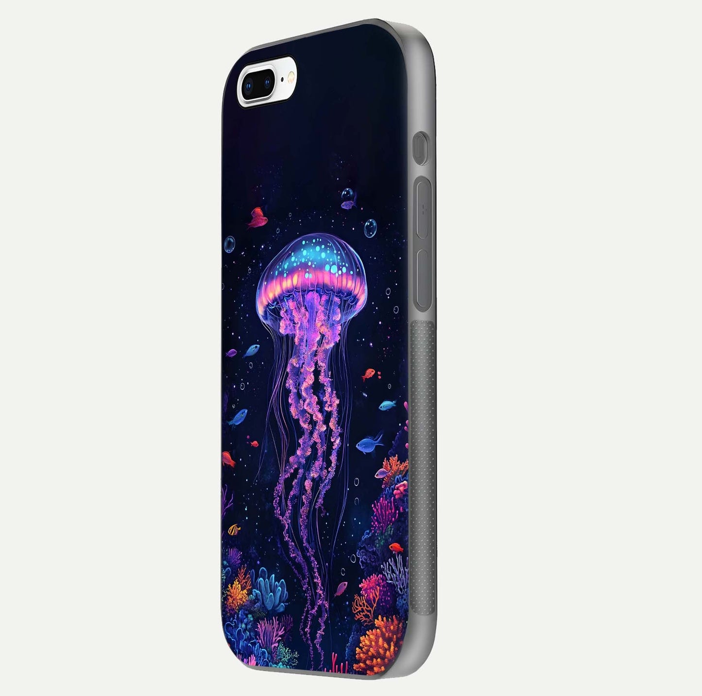 Neon Jellyfish Glass Case for iPhone 8 Plus side-angle image showing reflection and oceanic light detailing