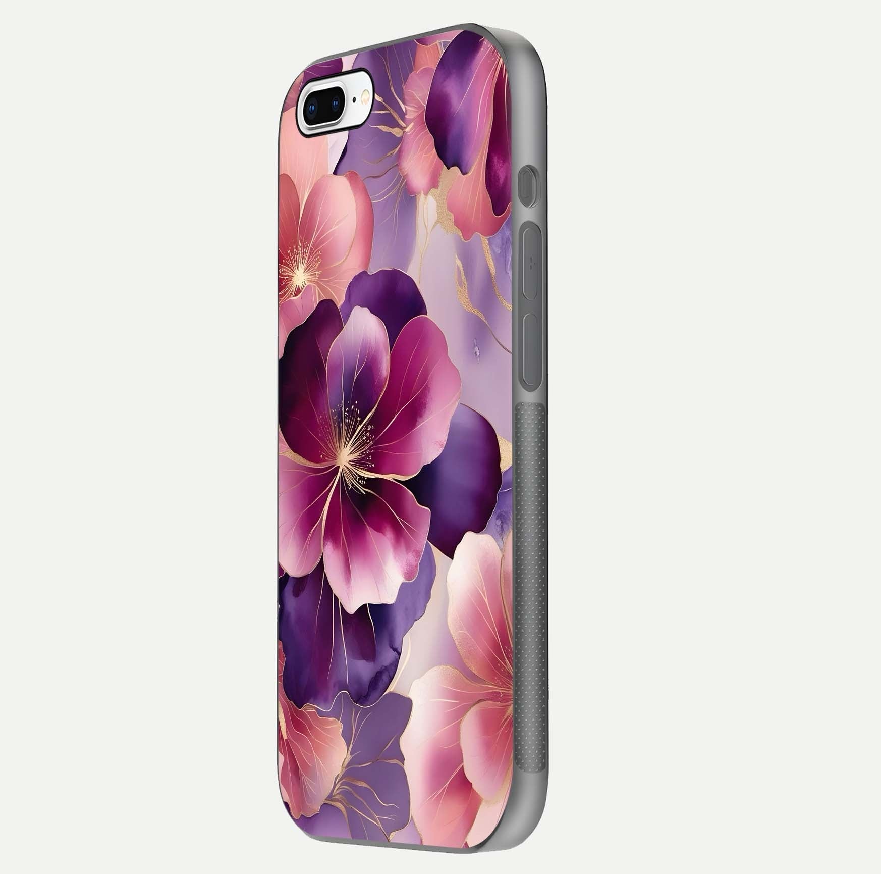 Pink Bouquet Florals Glass Case for iPhone 8 Plus side-angle image showing floral texture and reflection clarity