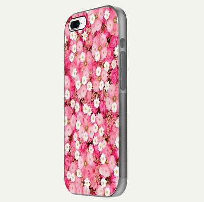 Pink Daisy Bliss Glass Case for iPhone 8 Plus side-angle image showing delicate daisy pattern and glass reflection
