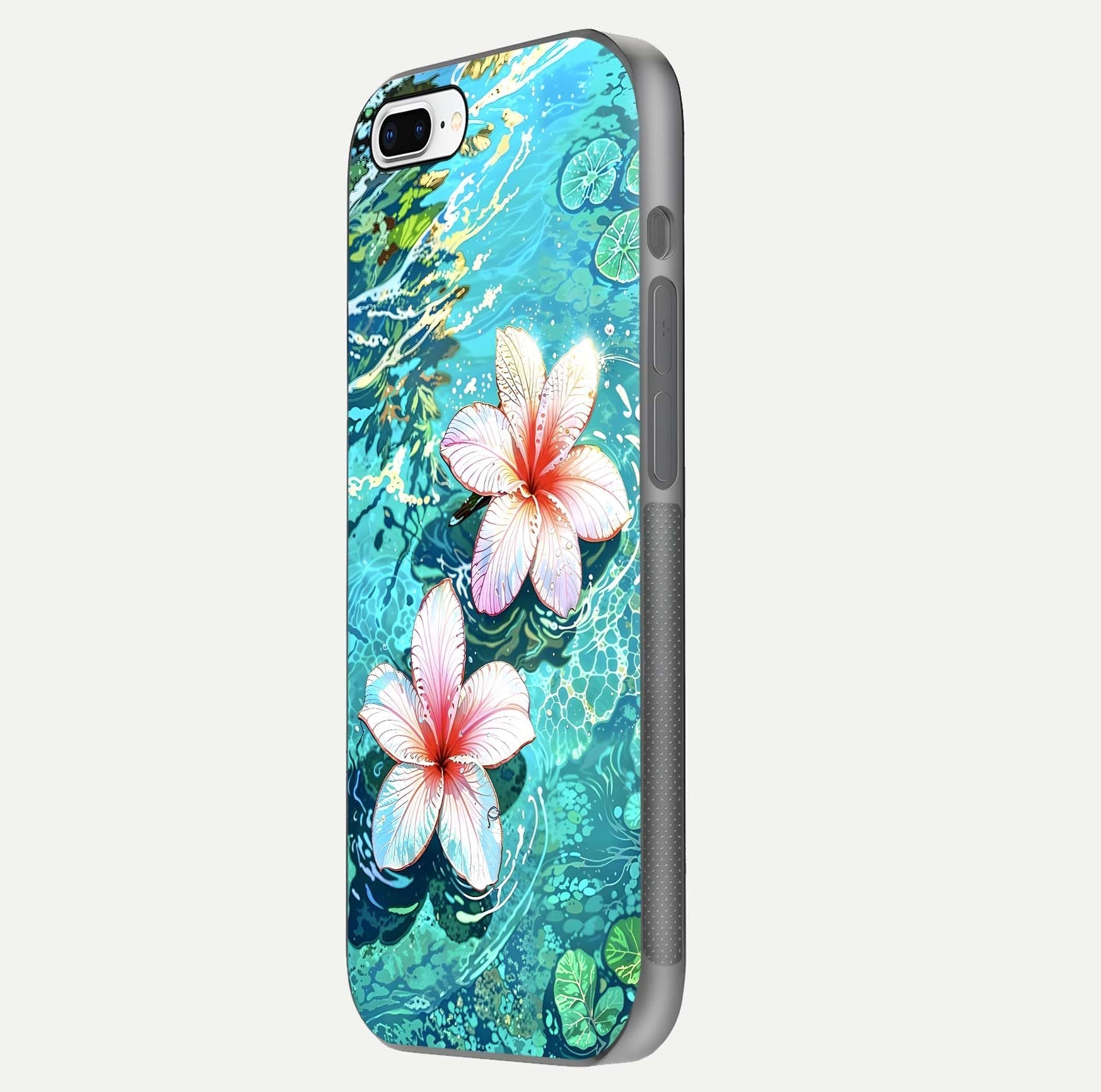 Pink Flowers in Water Glass Case for iPhone 8 Plus side-angle image showing reflection and depth of detail