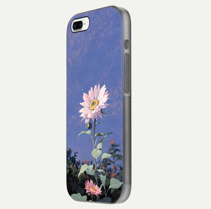 Pink Sunflower Glow Glass Case for iPhone 8 Plus side-angle image showing glossy edges and vivid sunflower tones