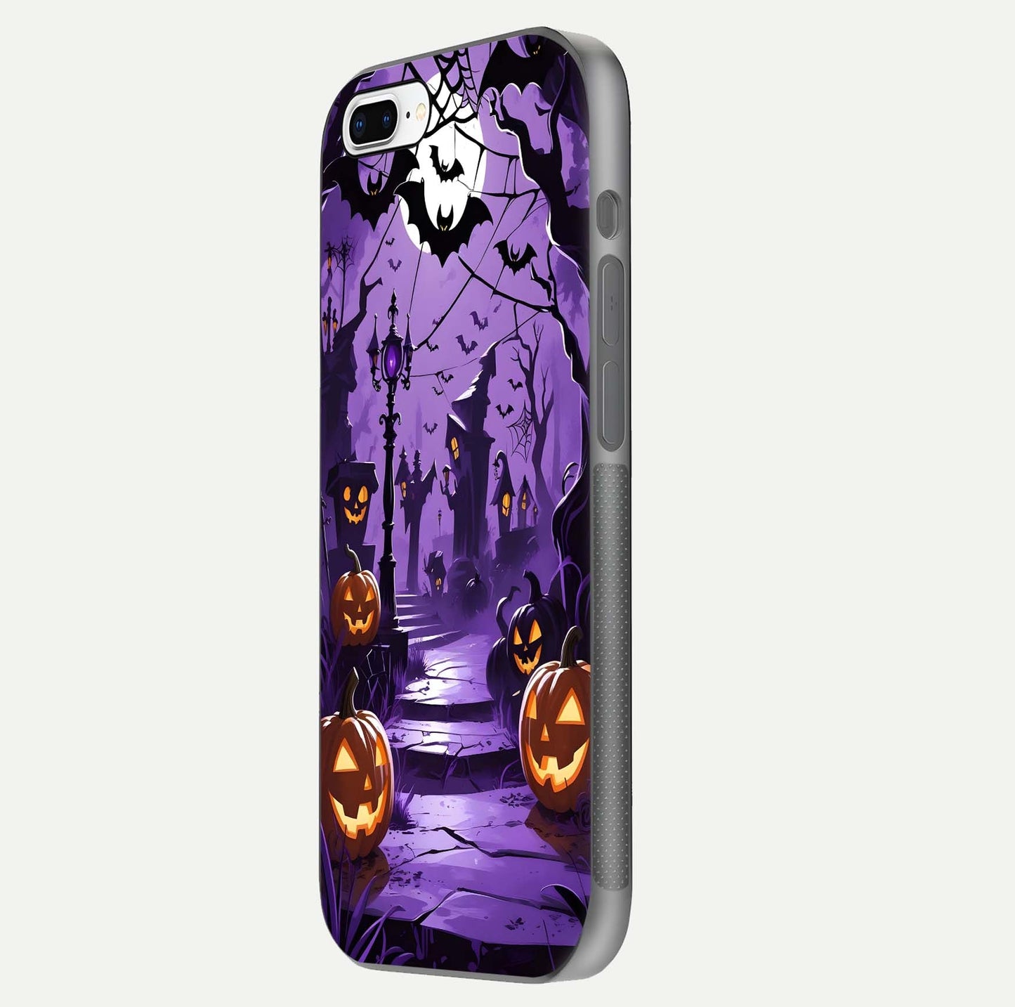 Pumpkin Patch Halloween Glass Case for iPhone 8 Plus side-angle image showing shine, camera cutout, and spooky art
