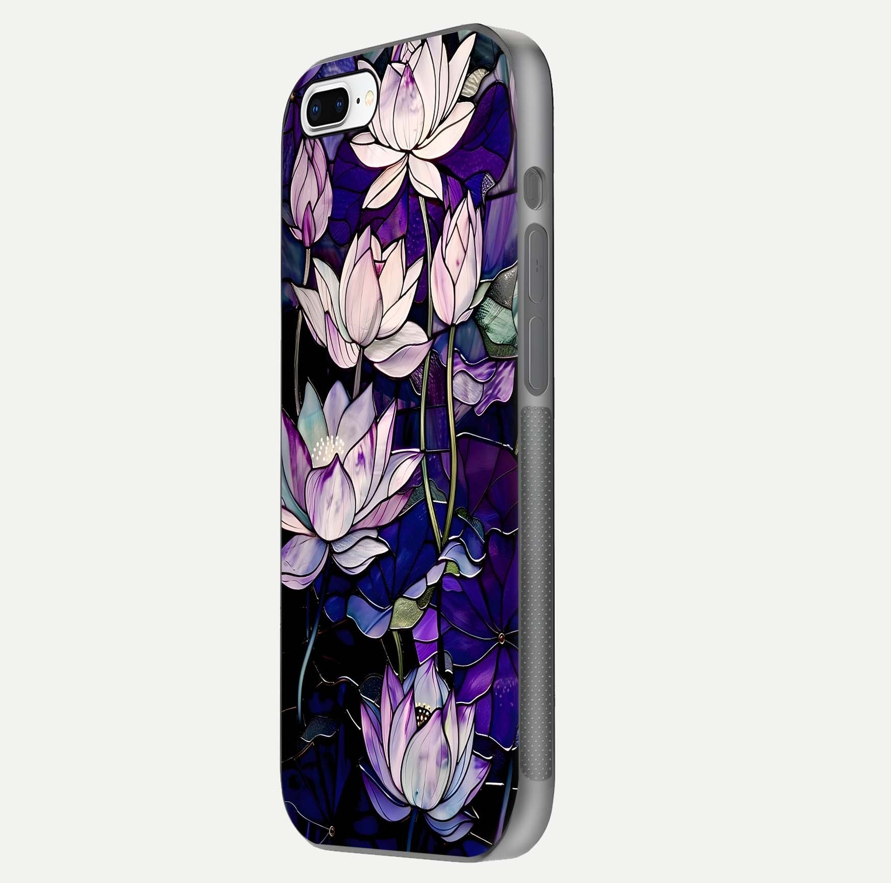 Purple Lotus Pattern Glass Case for iPhone 8 Plus side-angle image showing reflection depth and lotus detail
