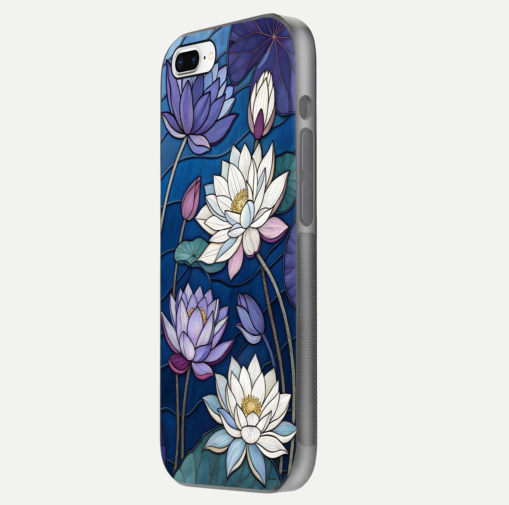Purple Lotus Stained Glass Case for iPhone 8 Plus side-angle image showing gloss, reflection, and intricate detailing