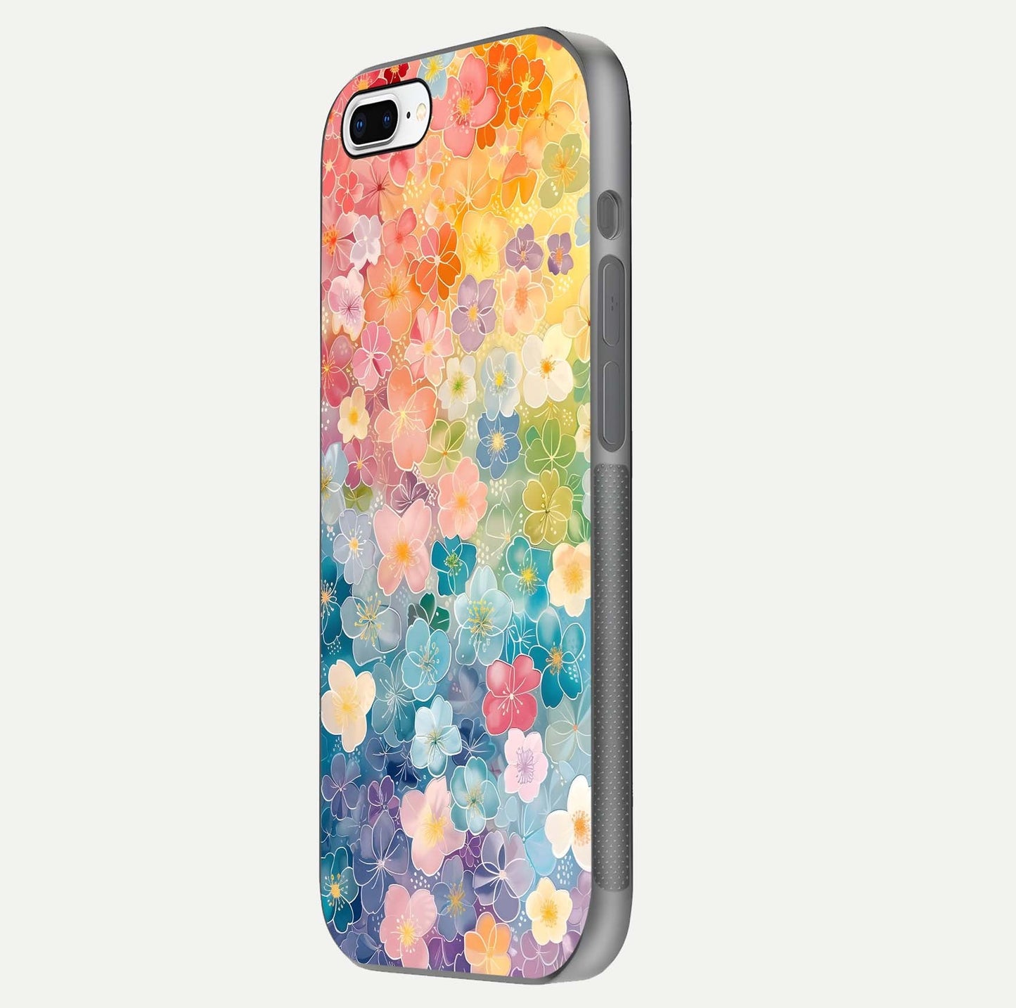 Rainbow Blossom Burst Glass Case for iPhone 8 Plus side-angle image showing reflection and floral burst detail