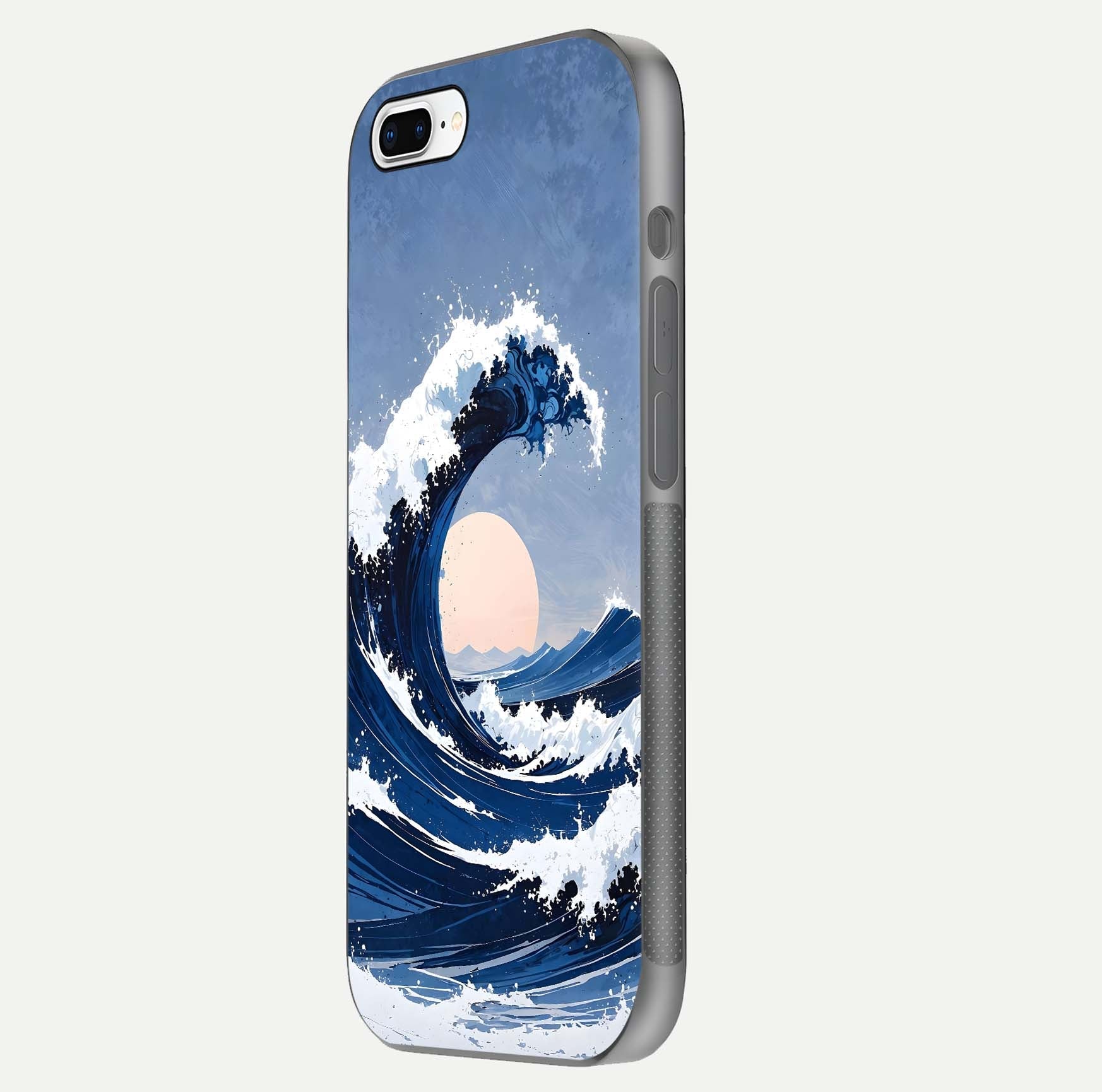 Rising Tide Power Glass Case for iPhone 8 Plus side-angle image showing shine and detailed ocean art