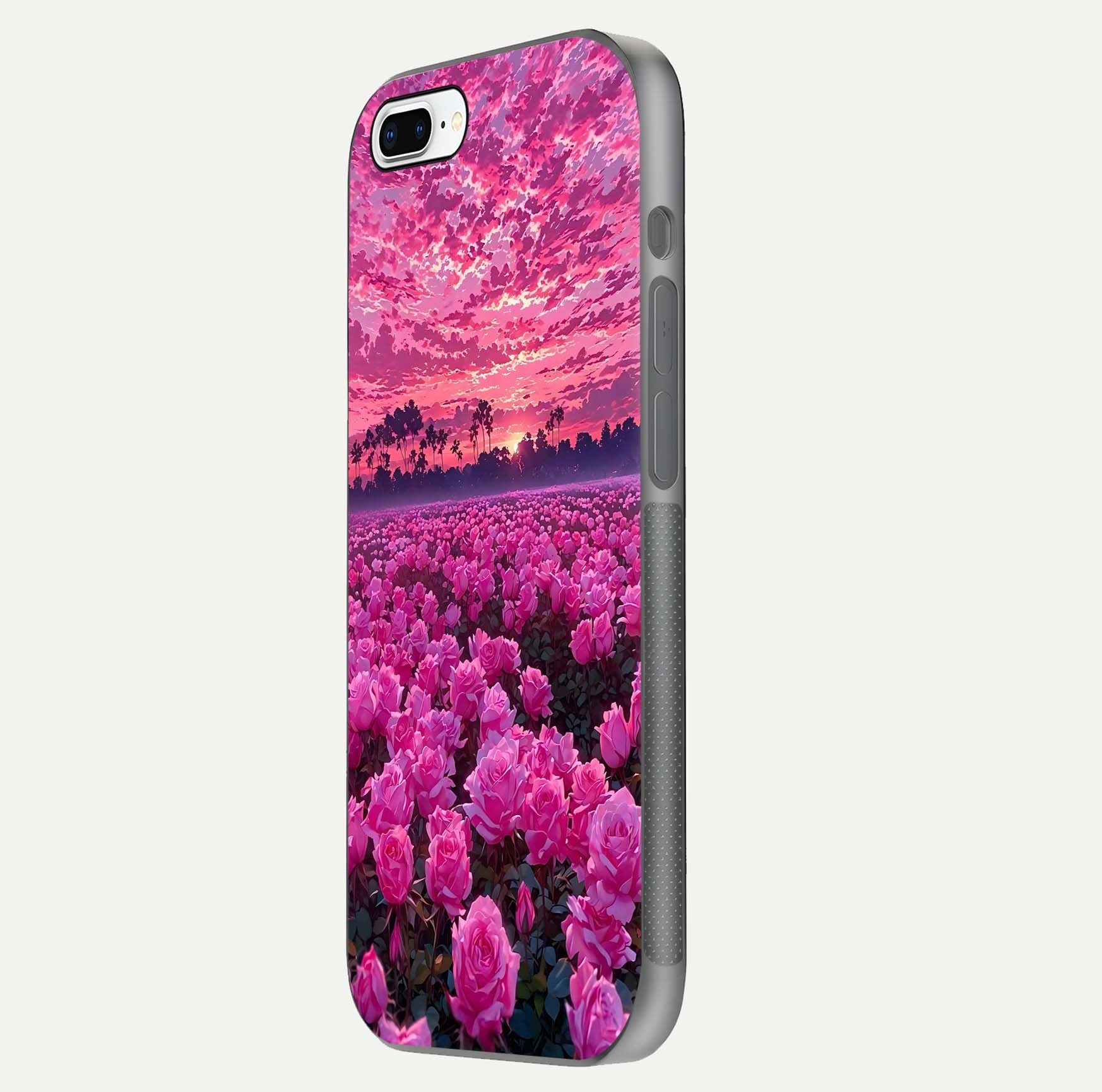Rose Sunset Valley Glass Case for iPhone 8 Plus side-angle image showing smooth edges and floral glow