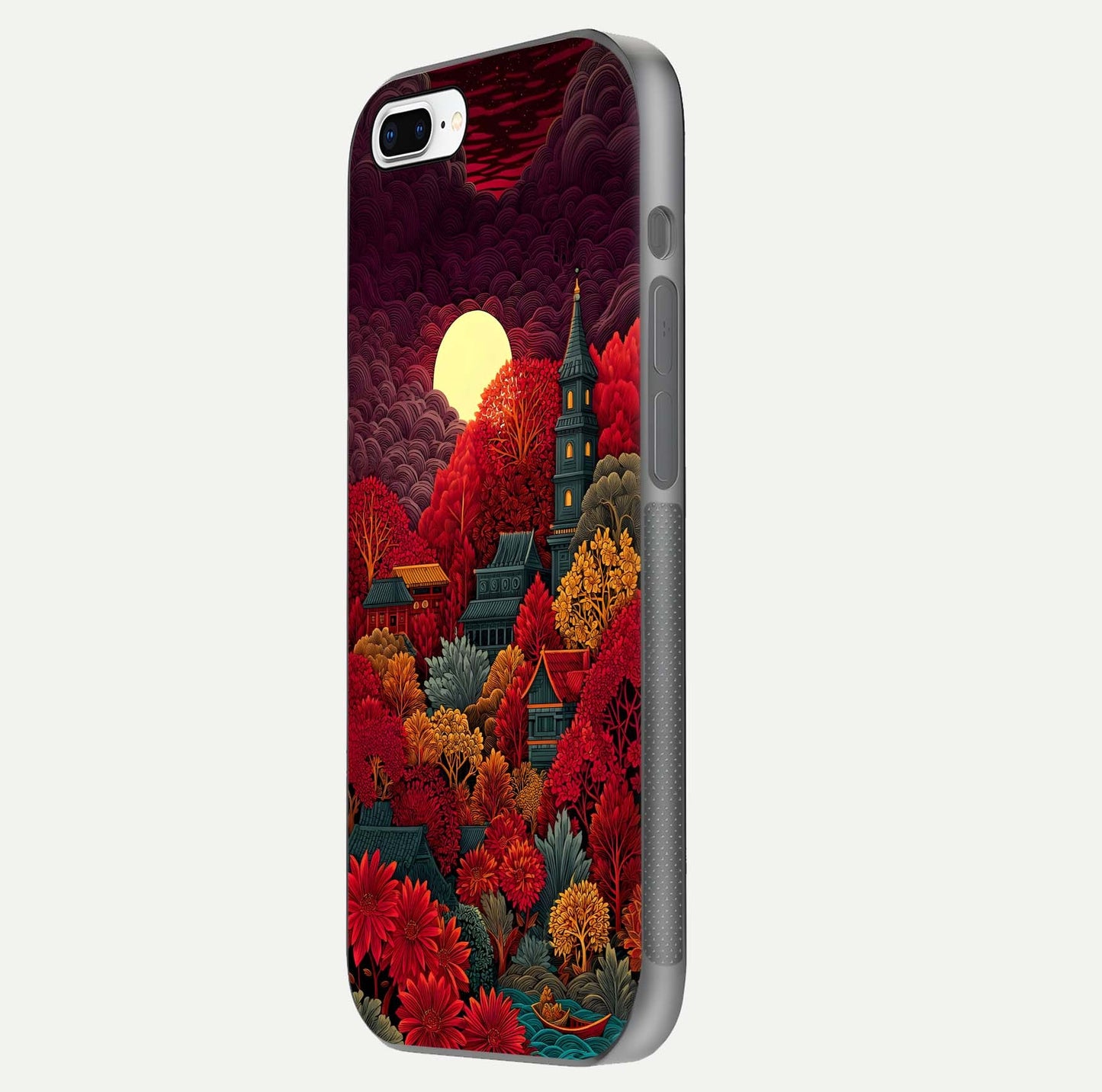 Scarlet Autumn Temple Glass Case for iPhone 8 Plus side-angle image showing color depth and reflection clarity