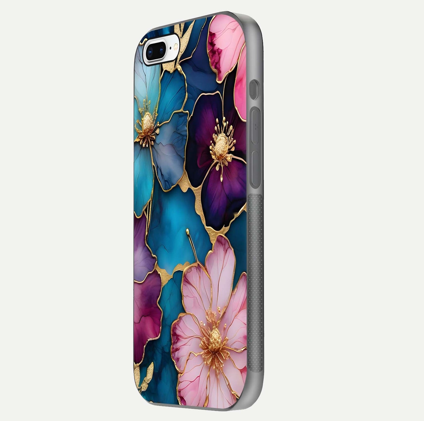 Sparkle Floral Glass Case for iPhone 8 Plus side-angle image showing reflection, gloss, and floral texture