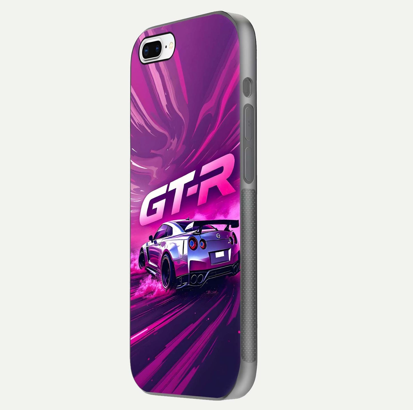 Speed Drift Legend Glass Case for iPhone 8 Plus side-angle image showing car print reflection and surface gloss