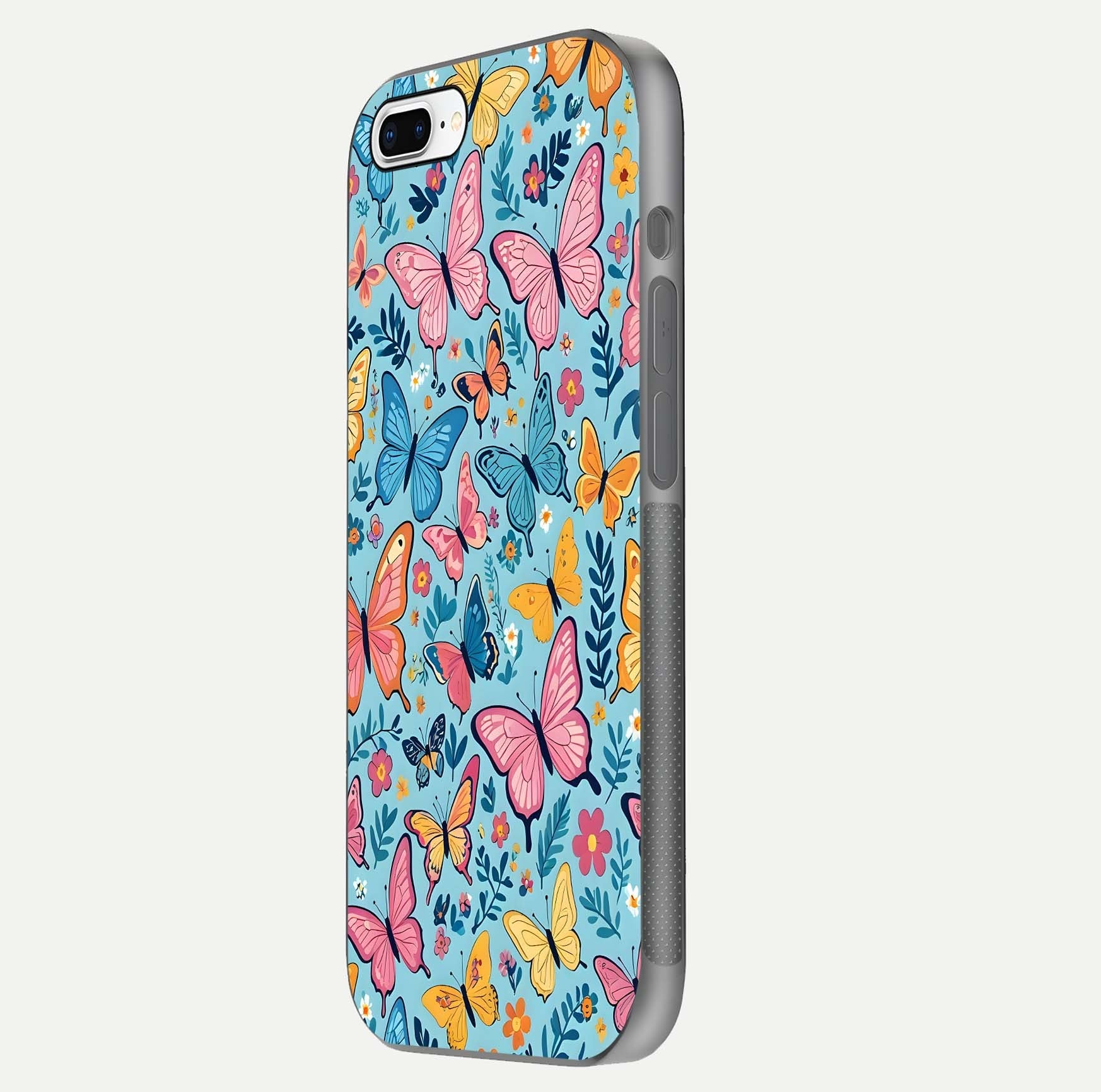 Spring Wing Garden Glass Case for iPhone 8 Plus side-angle image showing shine, color, and pattern depth