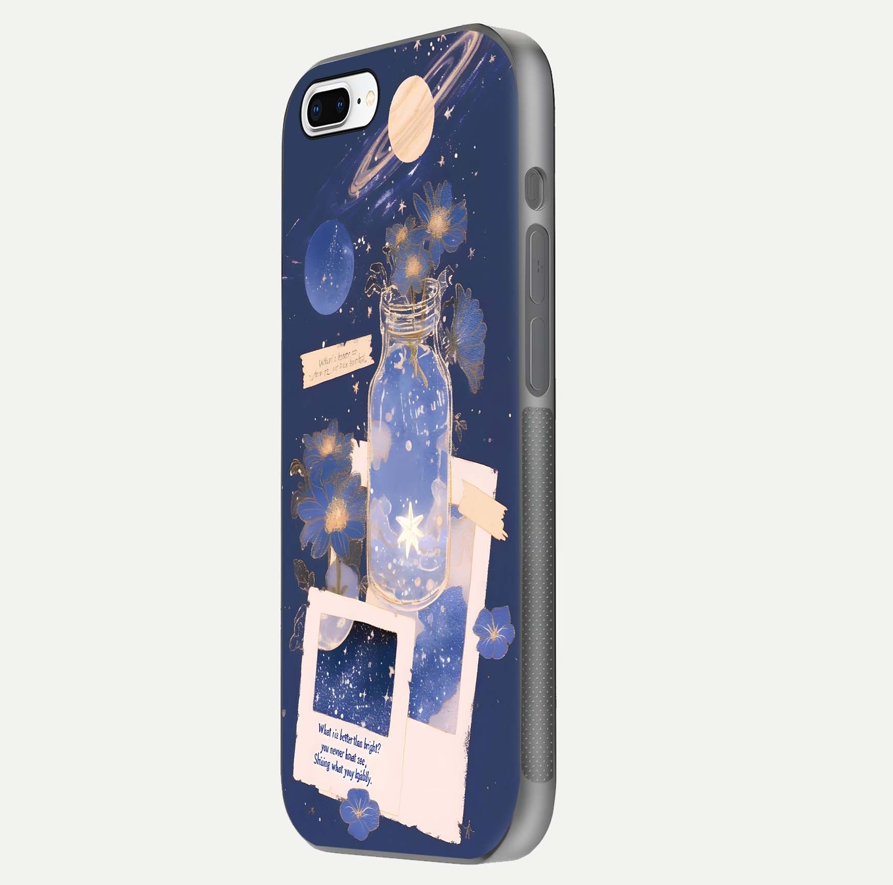 Starlit Cosmic Jar Glass Case for iPhone 8 Plus side-angle image showing glow, texture, and light reflection