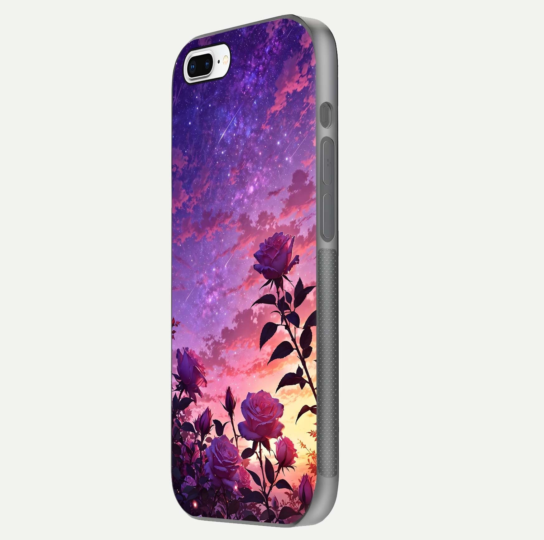 Starlit Rose Twilight Glass Case for iPhone 8 Plus side-angle image showing reflection and petal contrast